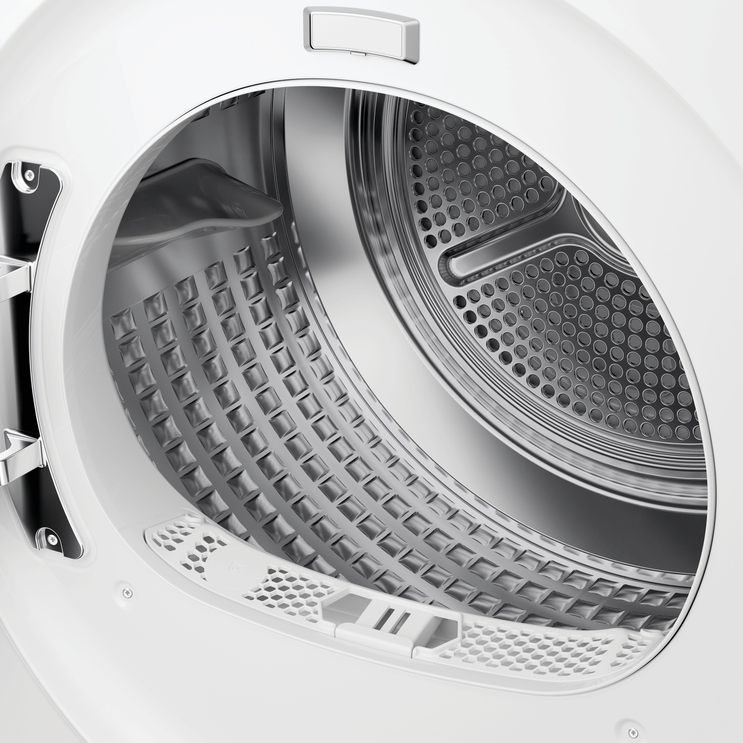 The interior of a white clothes dryer, showing a silver drum and vent grille.