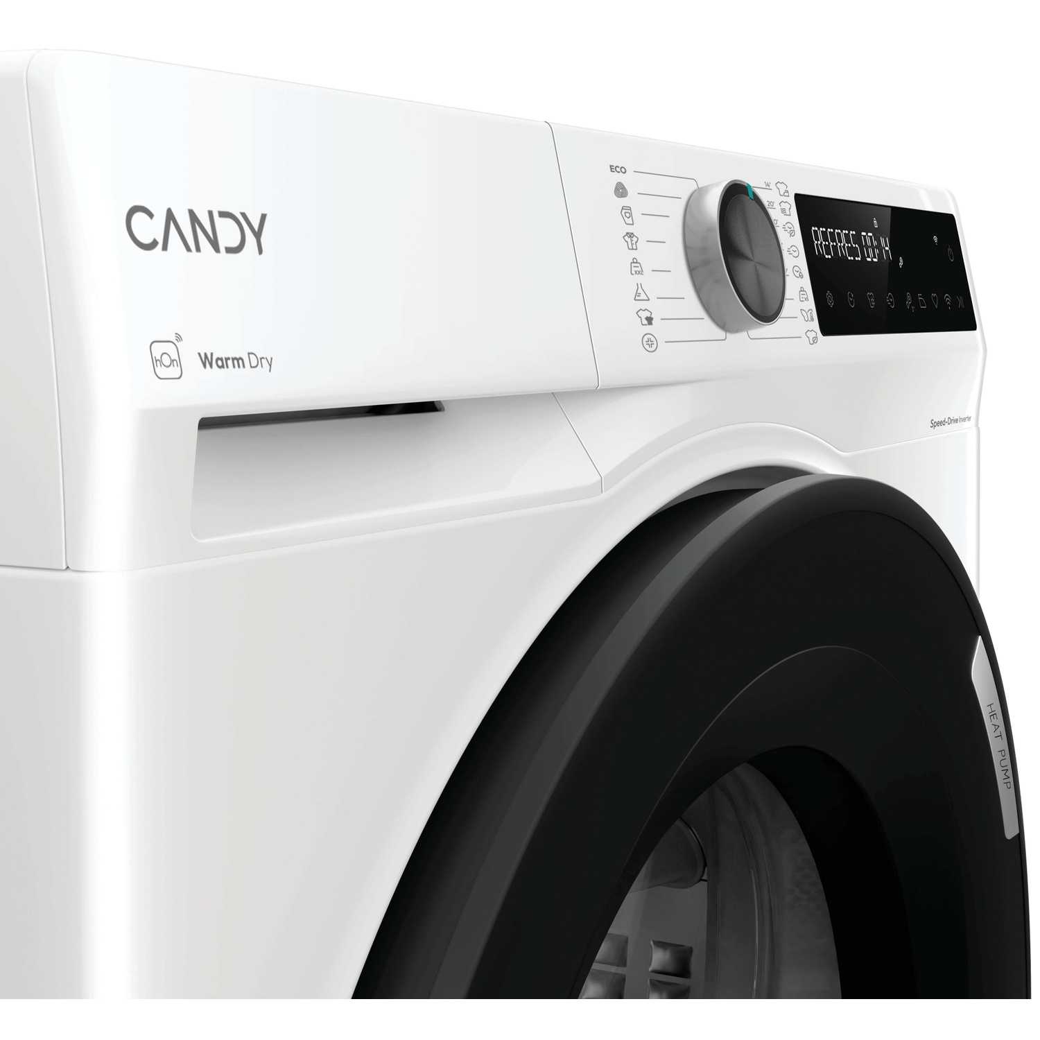 White Candy washing machine with black drum and digital control panel.