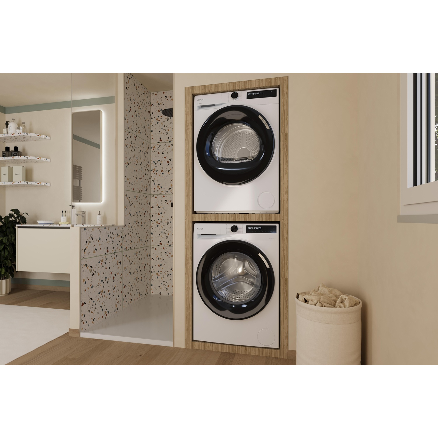 Modern laundry room with stacked washers and terrazzo shower.