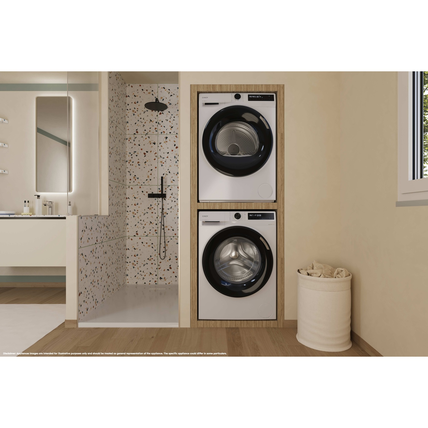 A bathroom featuring a shower area and stacked washing machines.