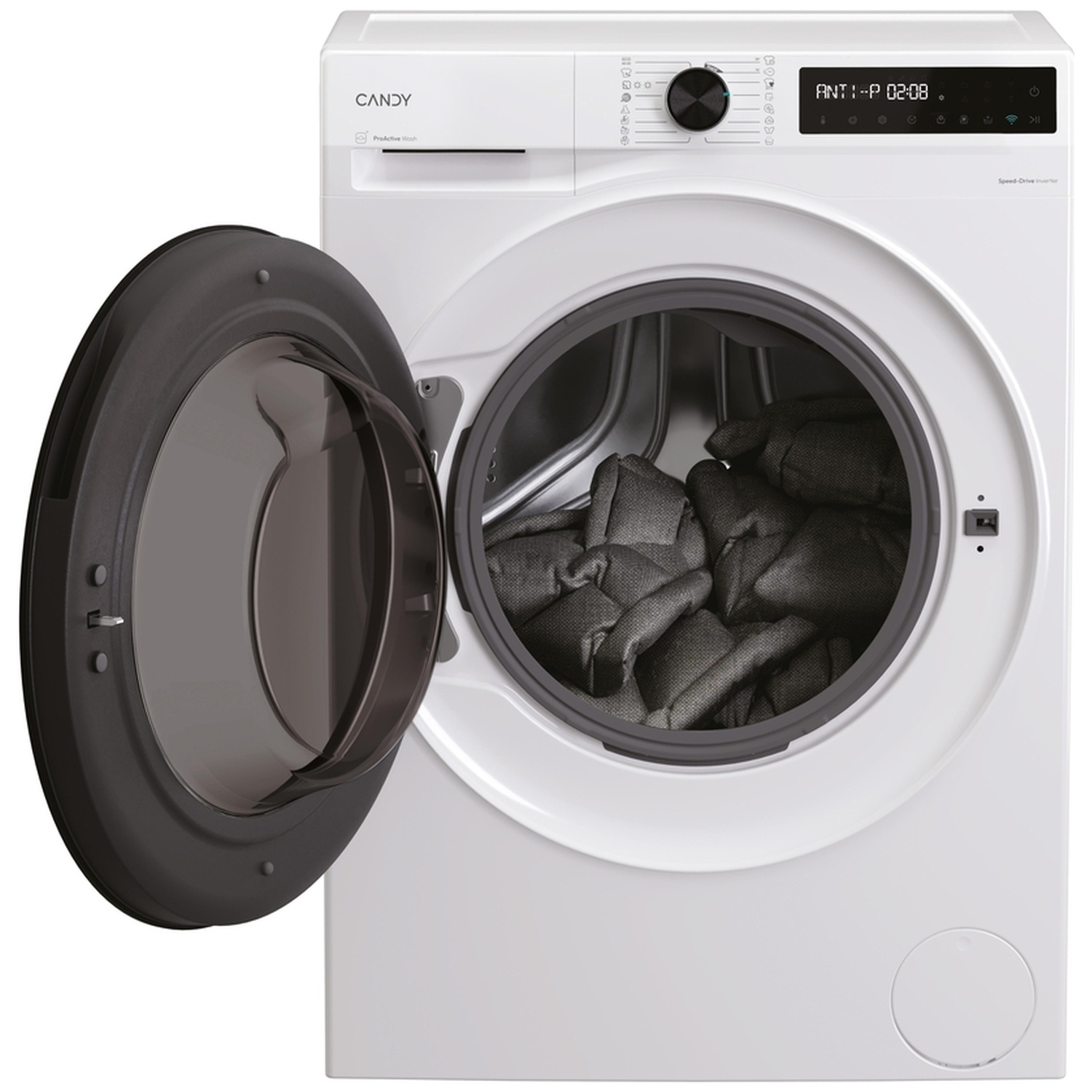Une machine à laver Candy blanche, porte ouverte, linge gris dans le tambour.
