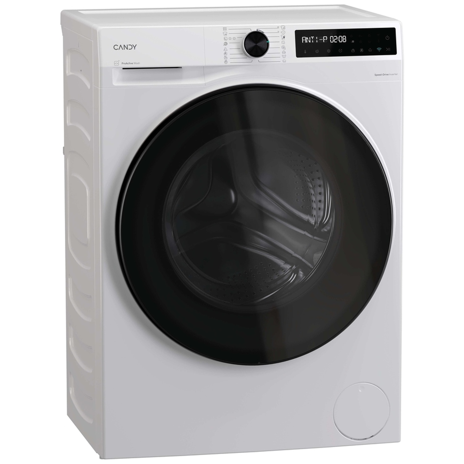 Une machine à laver Candy blanche avec une porte noire et un écran numérique.