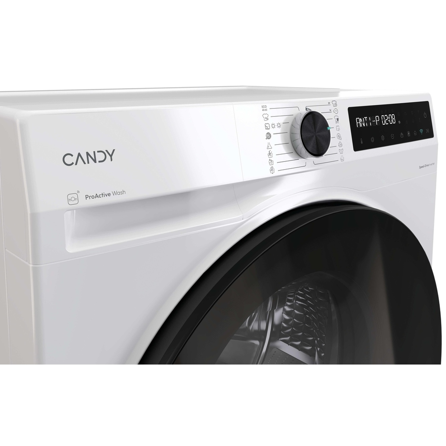 Une machine à laver Candy blanche avec une porte et un panneau de contrôle noirs.