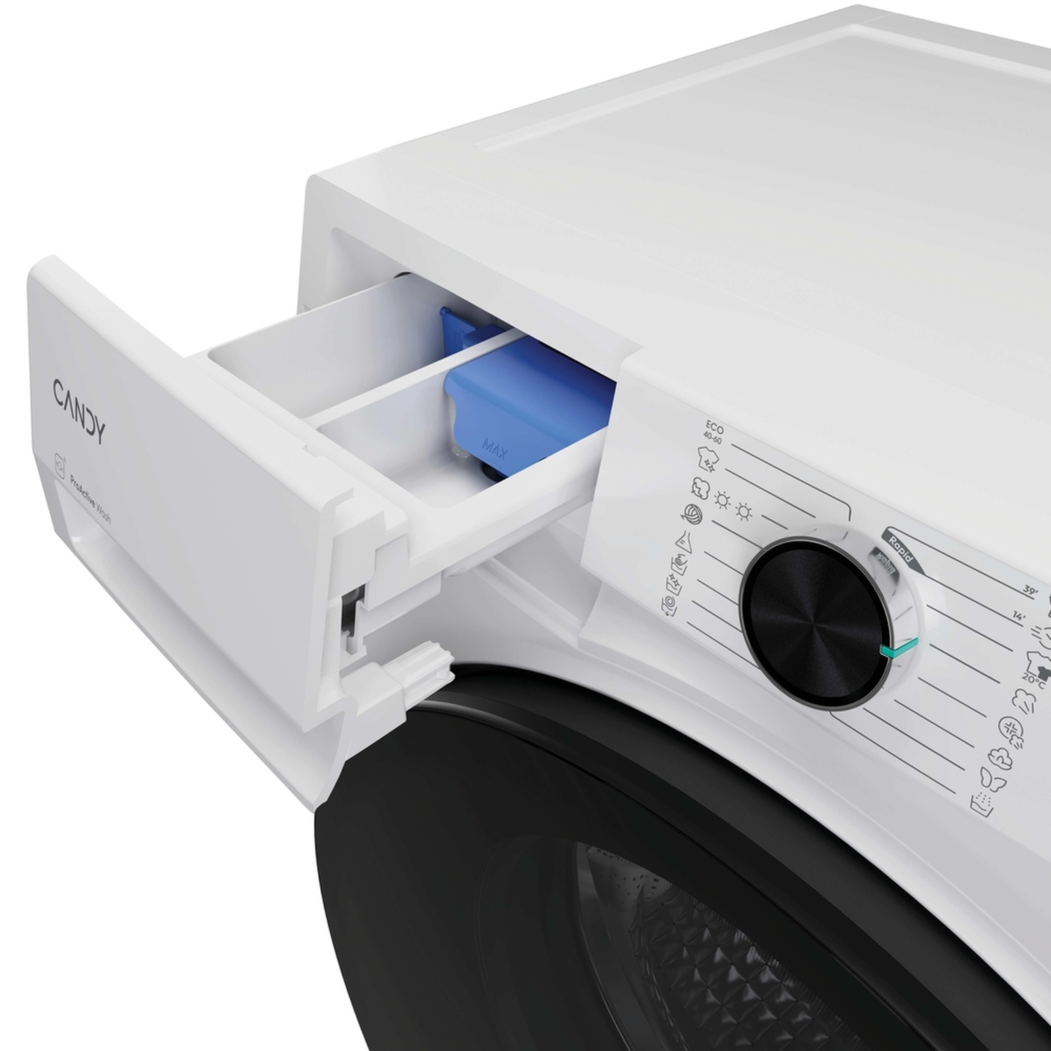 Lave-linge Candy blanc avec tiroir à détergent ouvert et panneau de commande.