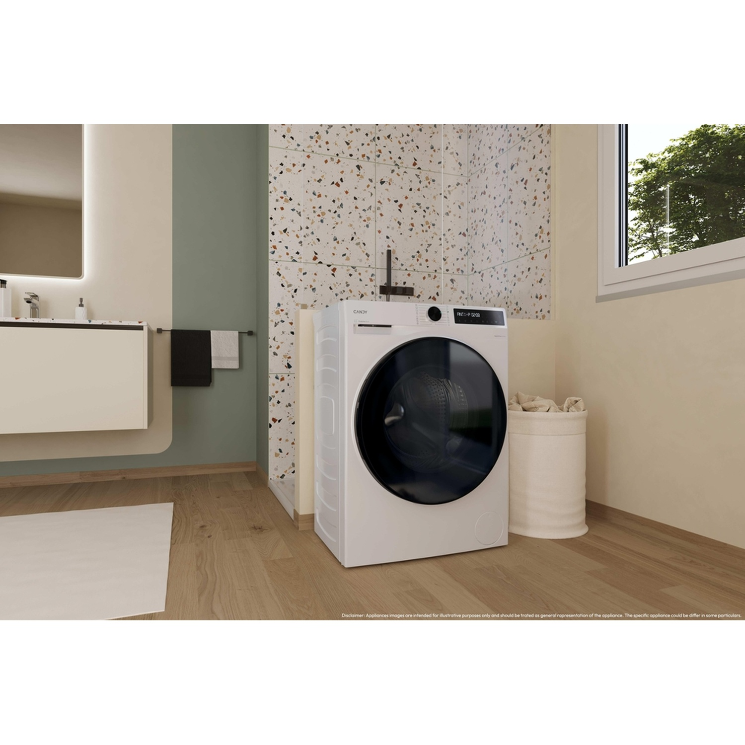 Machine à laver blanche dans une salle de bain moderne avec carrelage terrazzo.