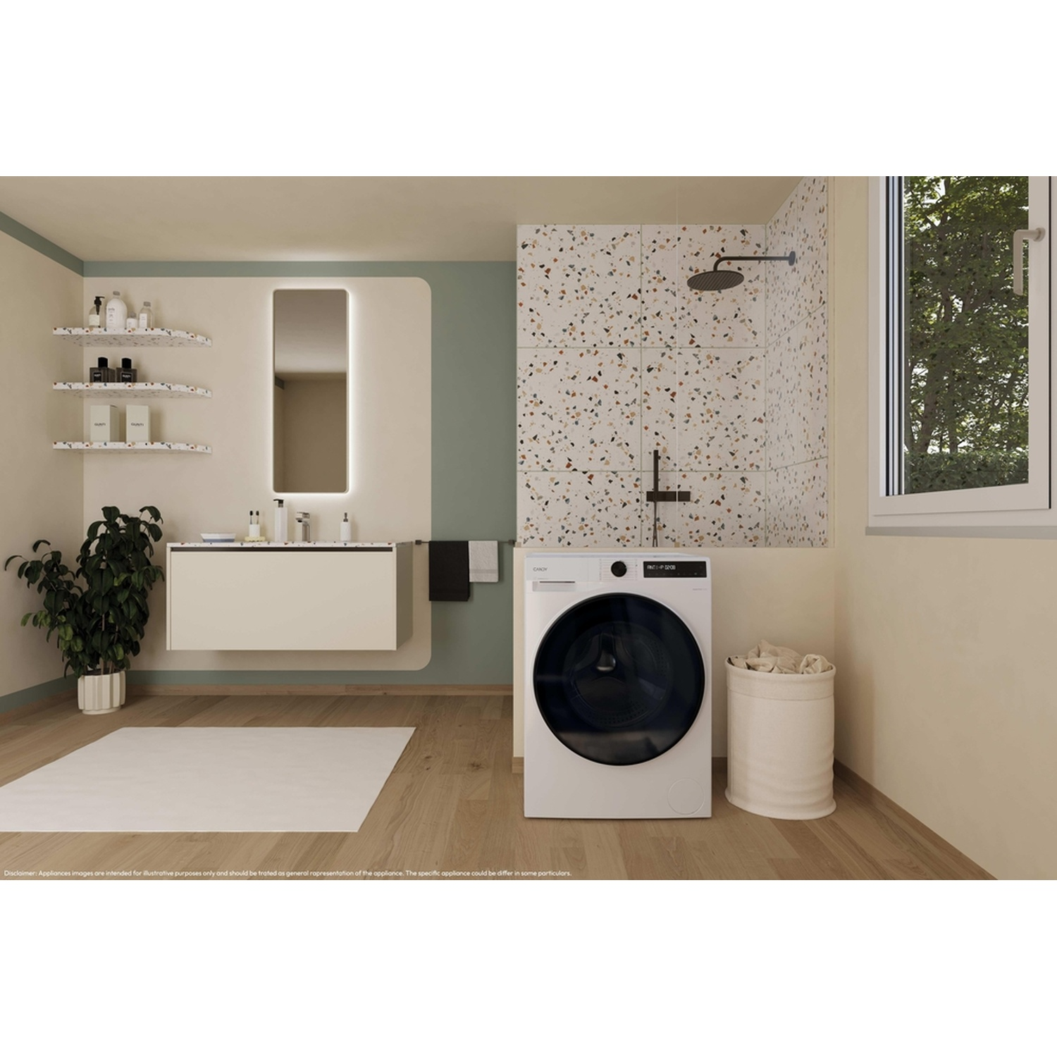 Une salle de bain avec une machine à laver, un miroir, une plante et une fenêtre.