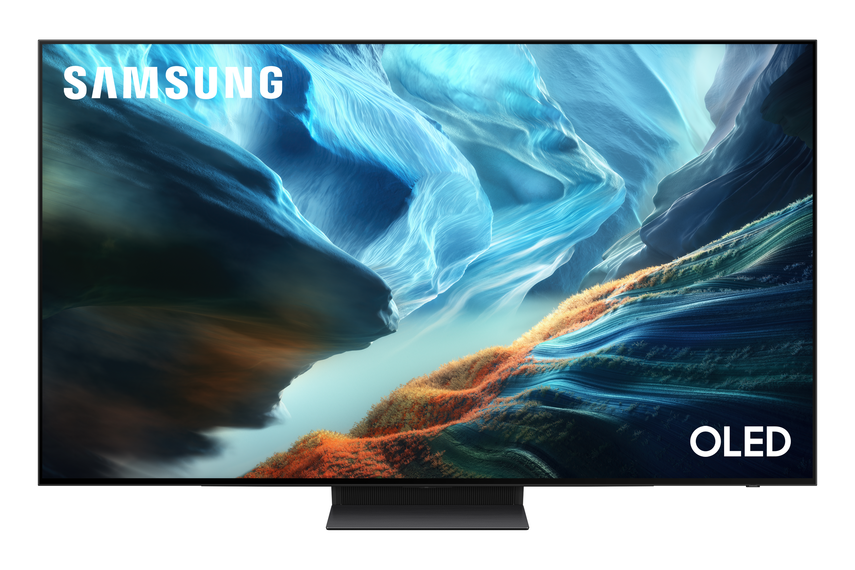 Nowoczesny telewizor Samsung OLED wyświetlający abstrakcyjny niebiesko-pomarańczowy wygaszacz ekranu.