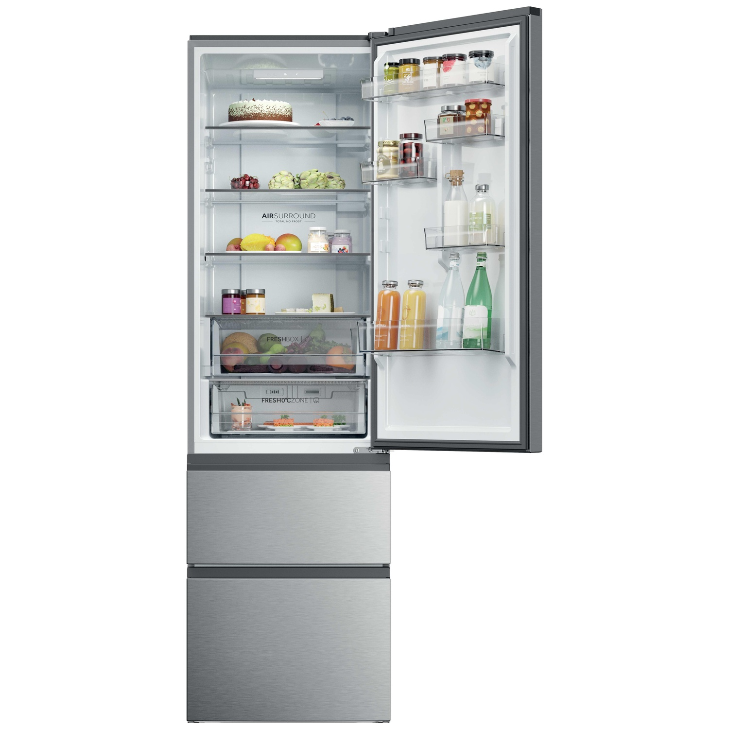 Open refrigerator with filled shelves and drawers. Food and drinks are visible.