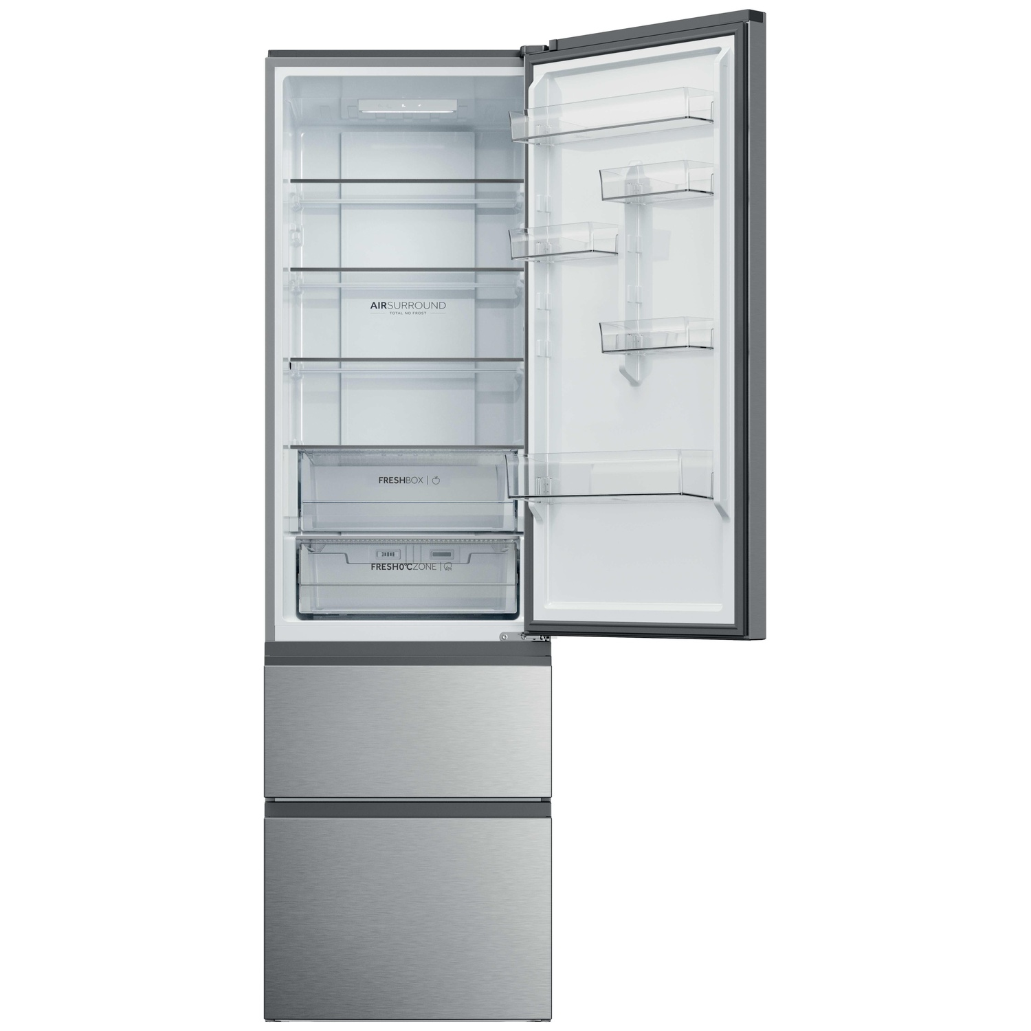 An open silver refrigerator with multiple shelves and drawers.