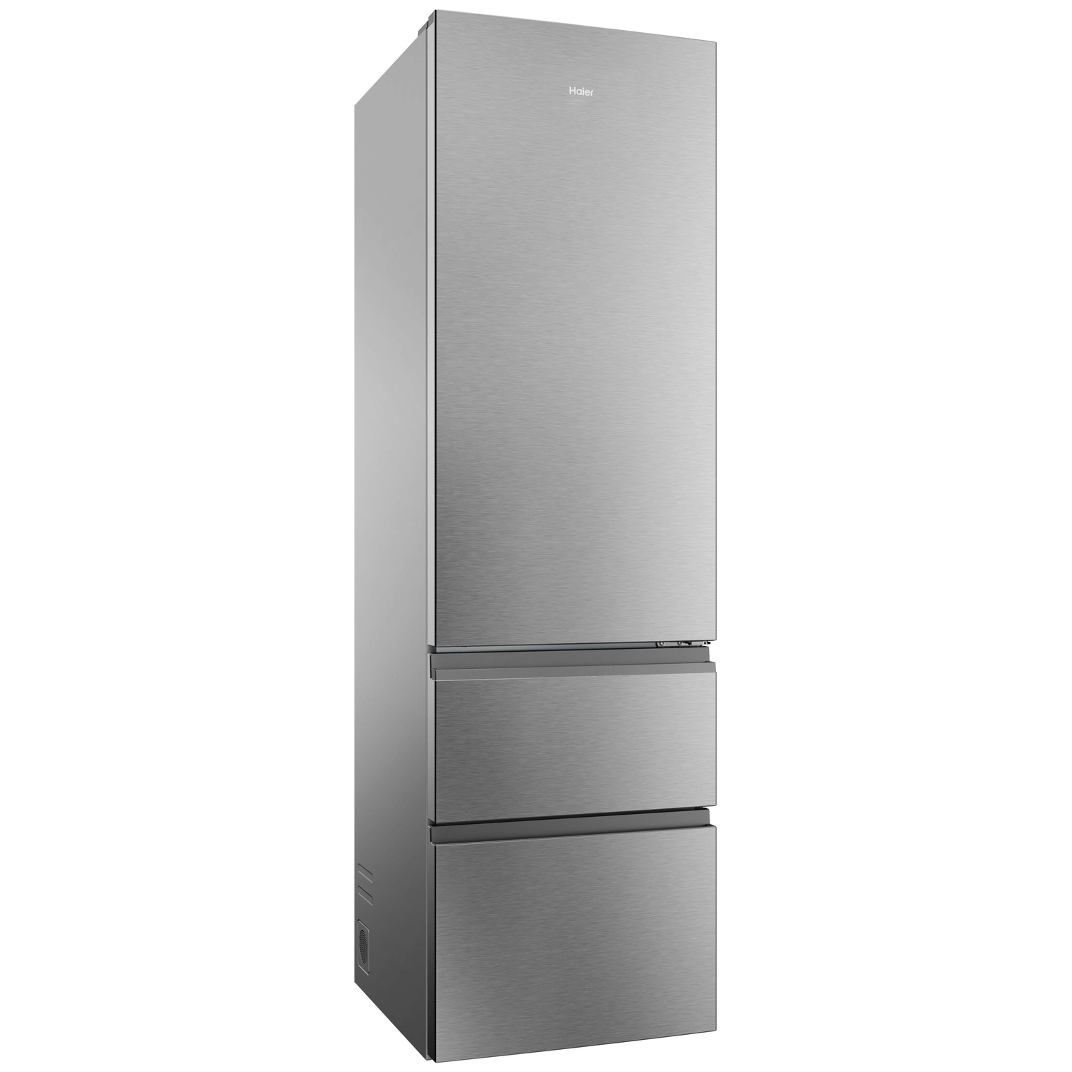 A sleek, silver Haier refrigerator with three drawers at the bottom and a freezer compartment at the top.