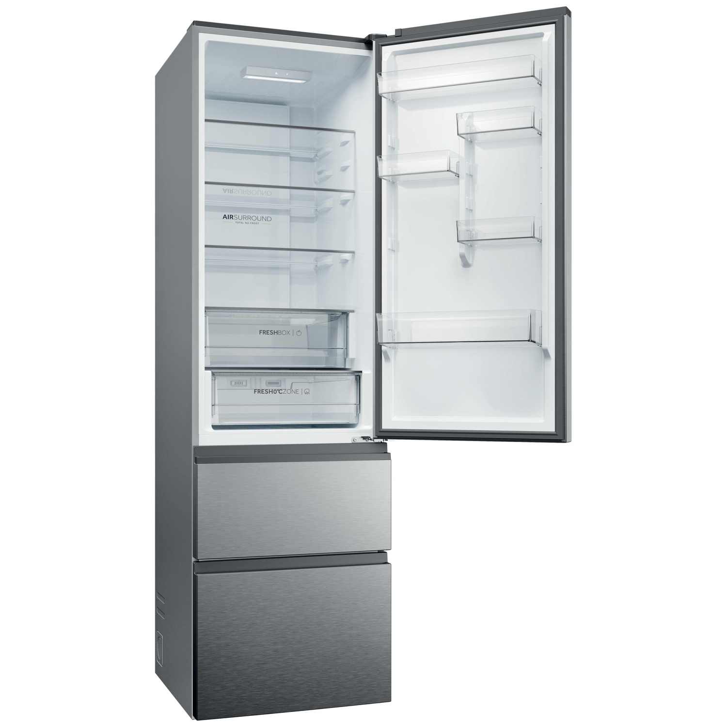 An open, silver refrigerator with multiple glass shelves and two drawers.