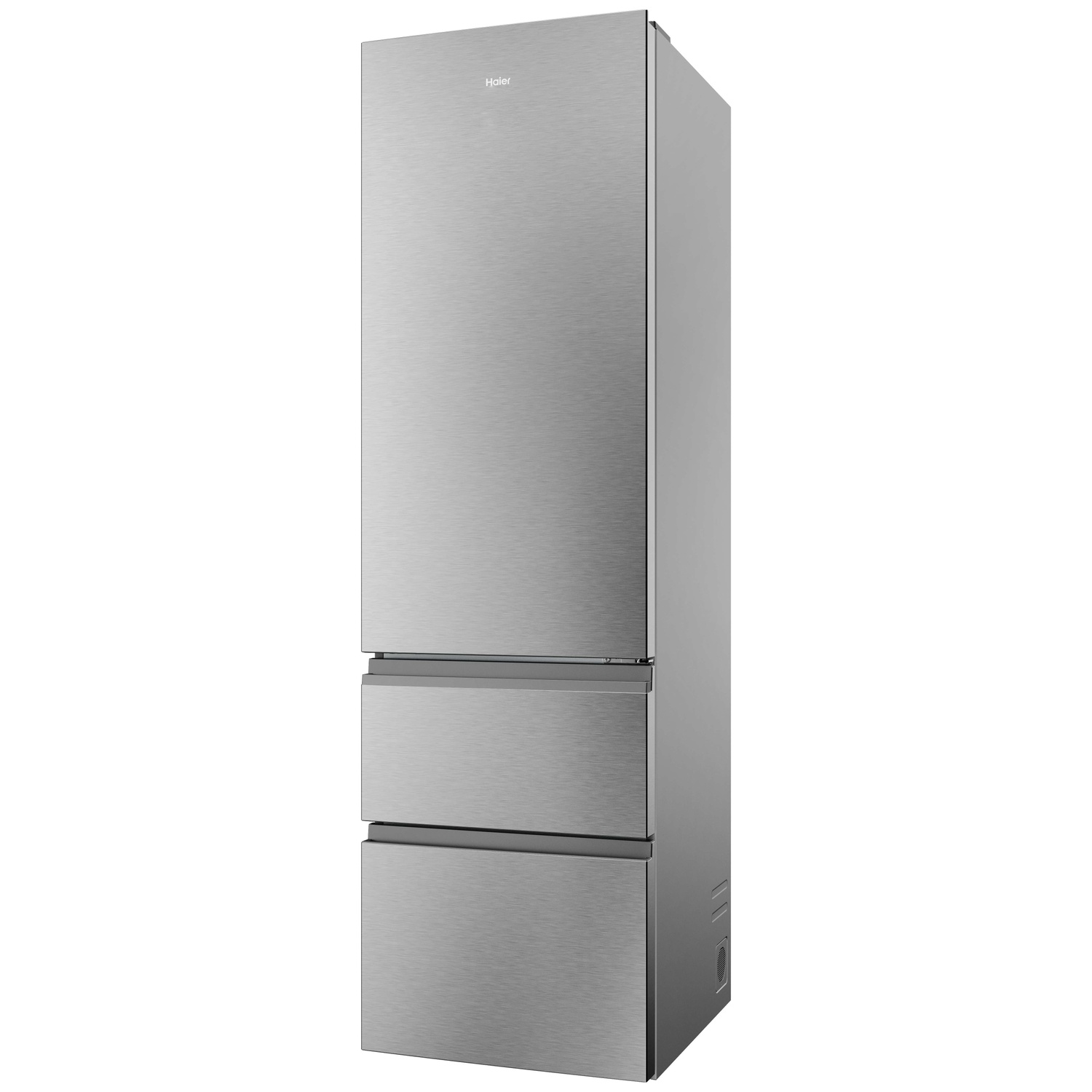 A silver refrigerator with three drawers and the Haier logo.