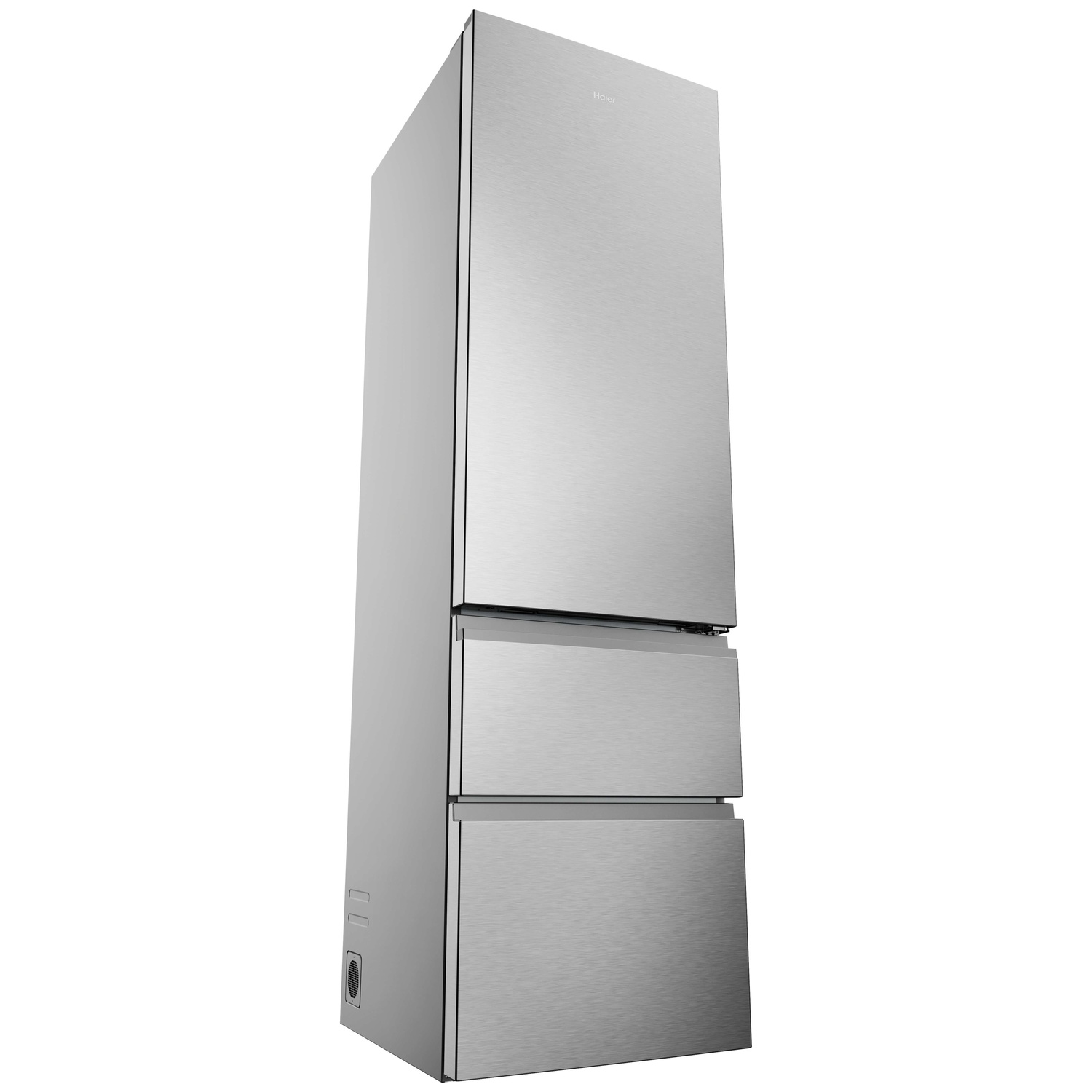 A modern silver refrigerator with three drawers.