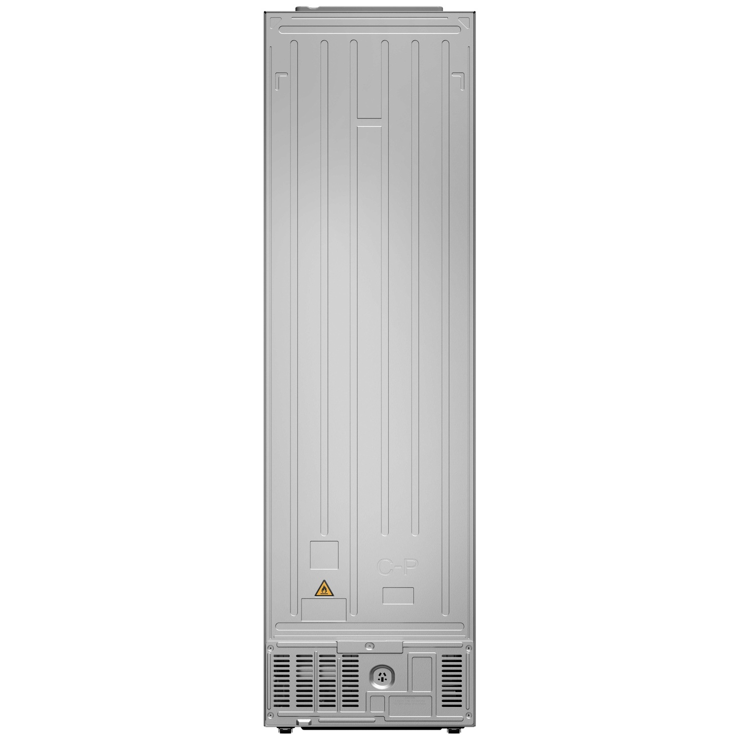 Back of a silver refrigerator with vents and a warning symbol.