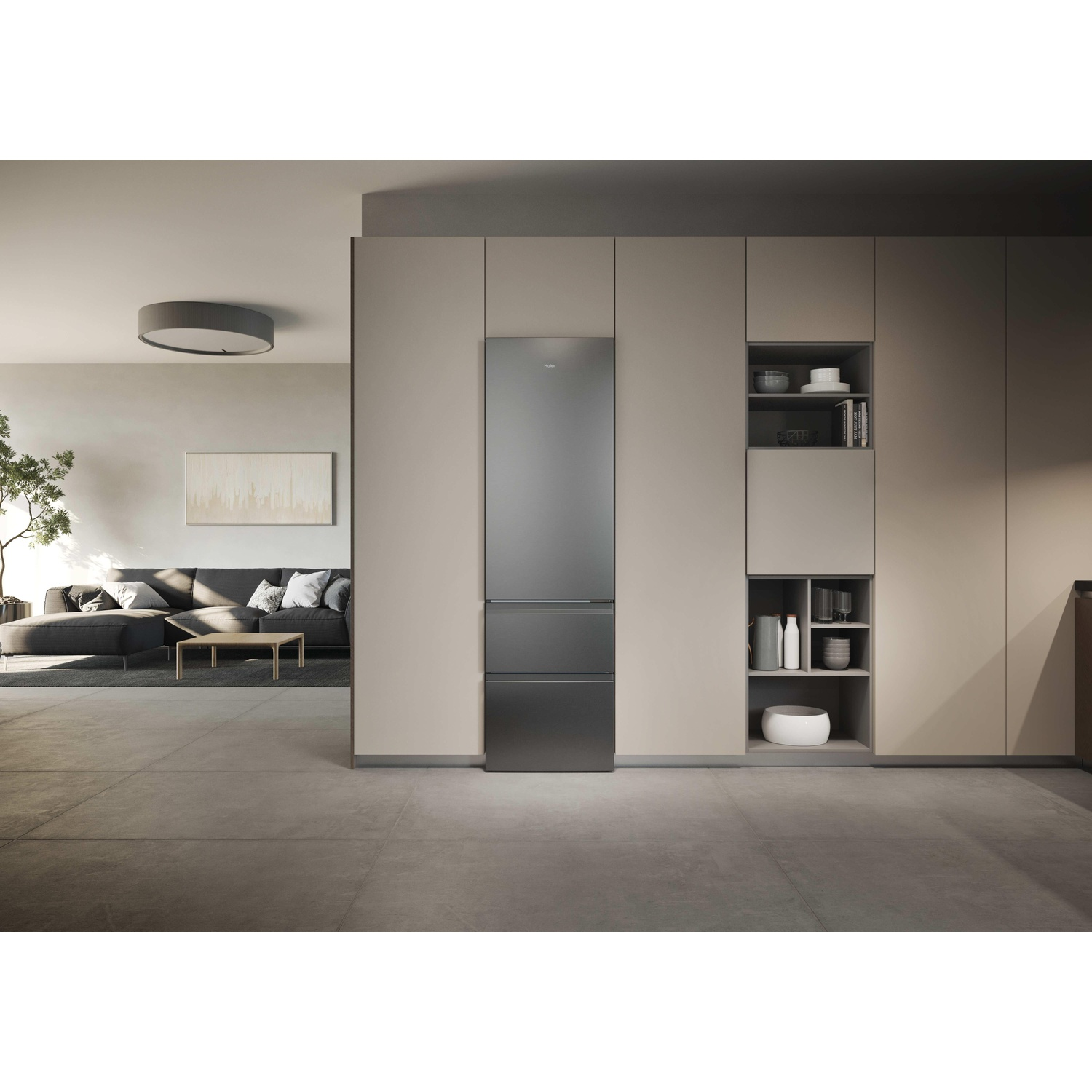 Modern refrigerator next to shelves with dishes in a stylish kitchen.