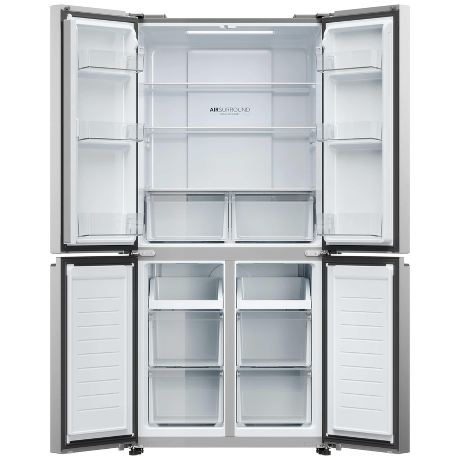 An open refrigerator with multiple shelves and drawers.