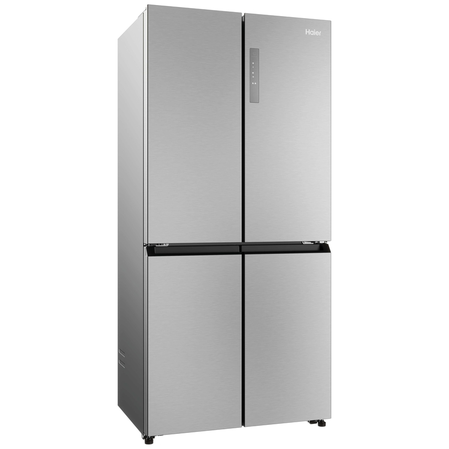 A silver four-door refrigerator with a touch screen display.