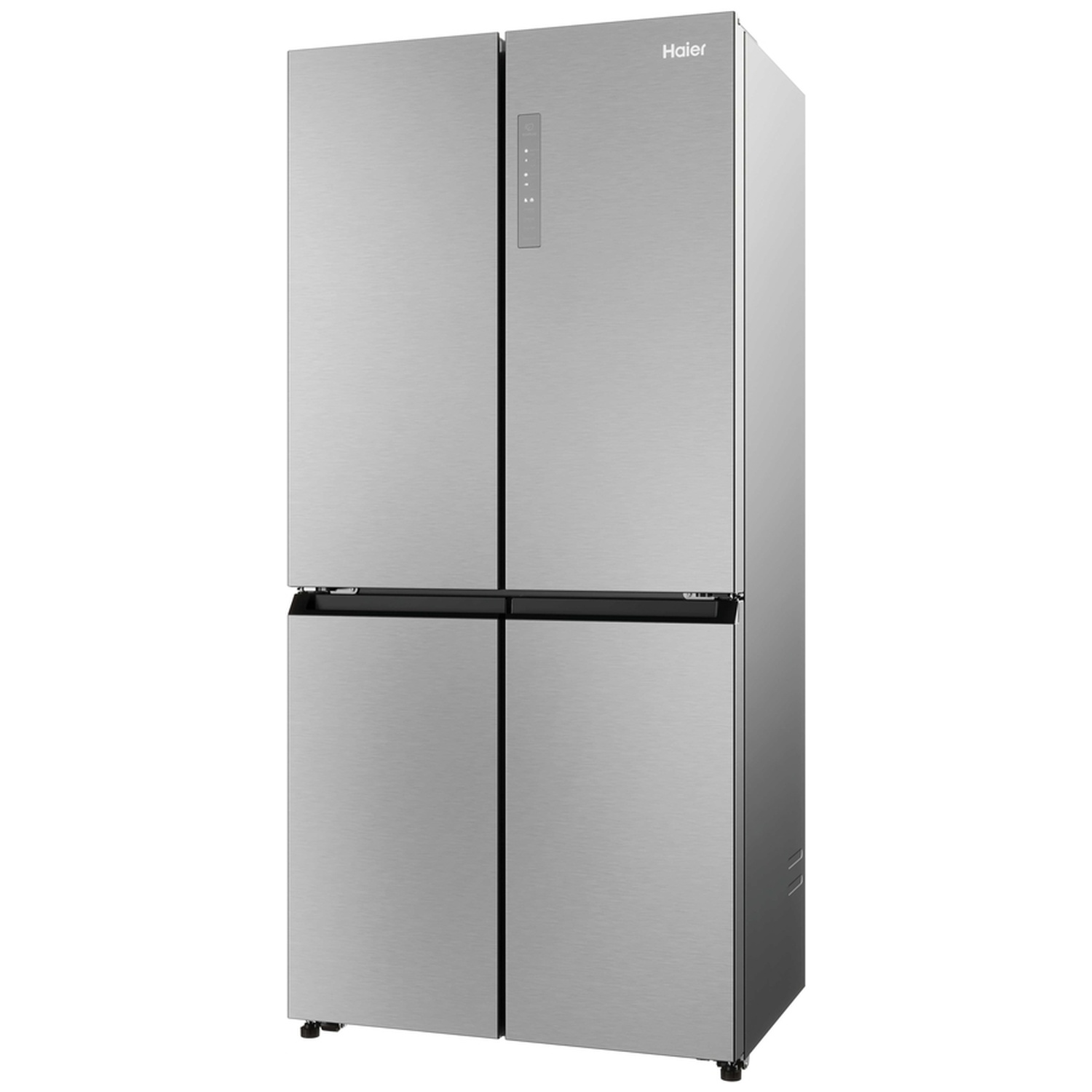 A silver Haier refrigerator with four doors and a touchscreen control panel.