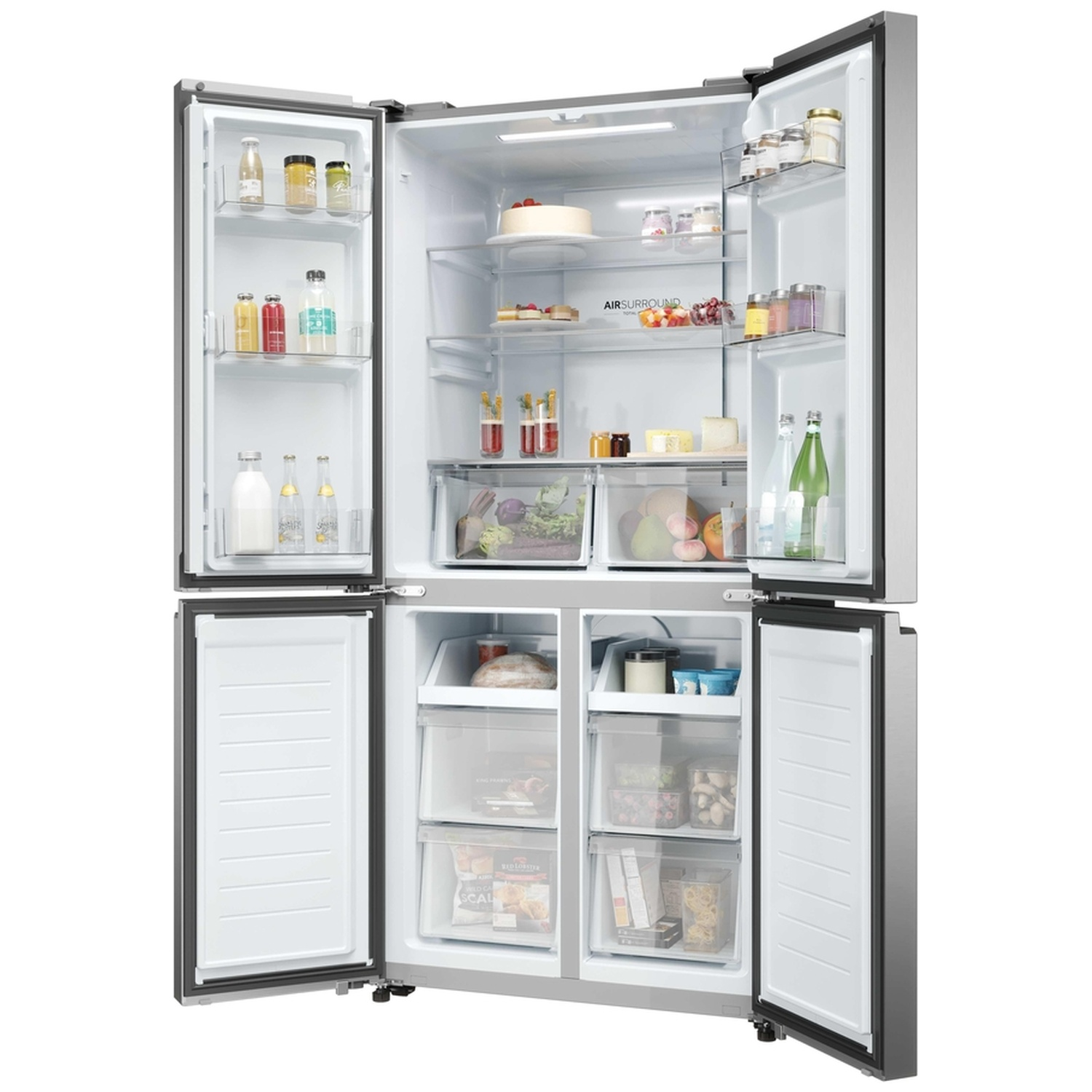 An open refrigerator with food and drinks on multiple shelves and in drawers.