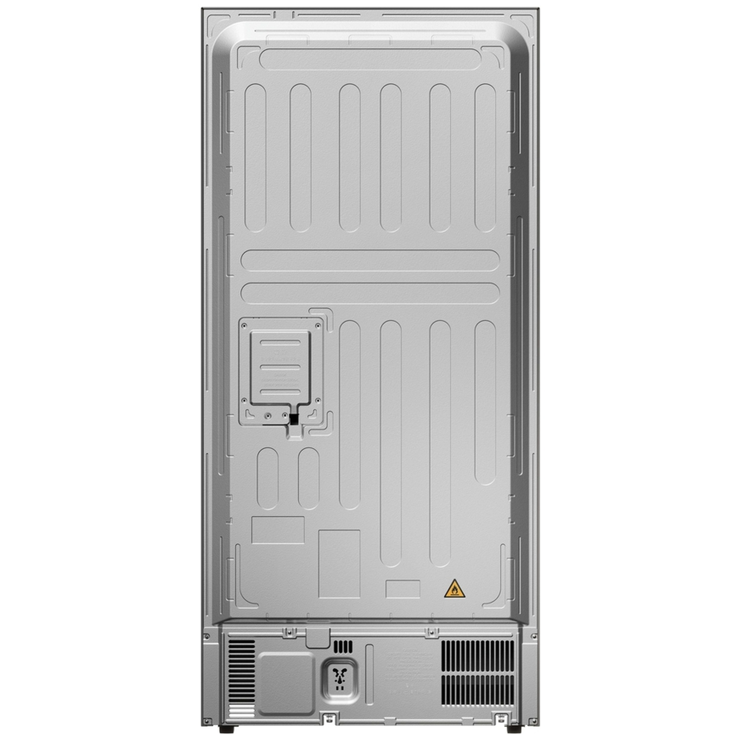Back view of a silver refrigerator with vents and a warning symbol.