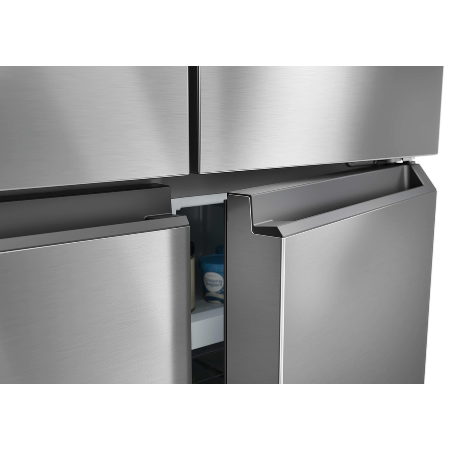 A silver refrigerator with open drawers and an ice cream tub inside.