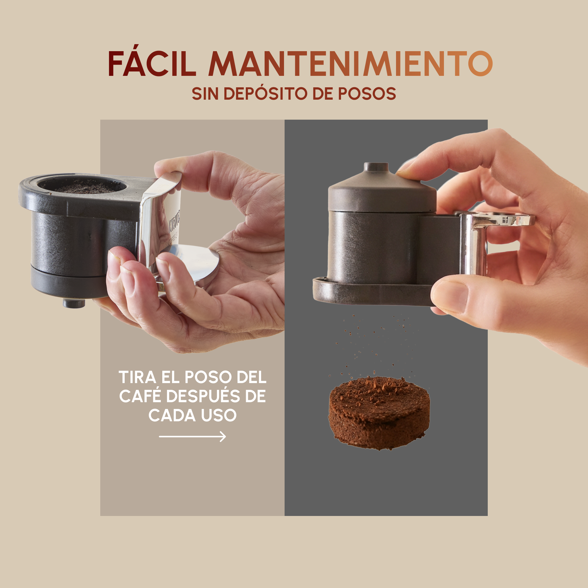 Una mano sostiene un filtro de café mientras otra expulsa un poso de café usado.