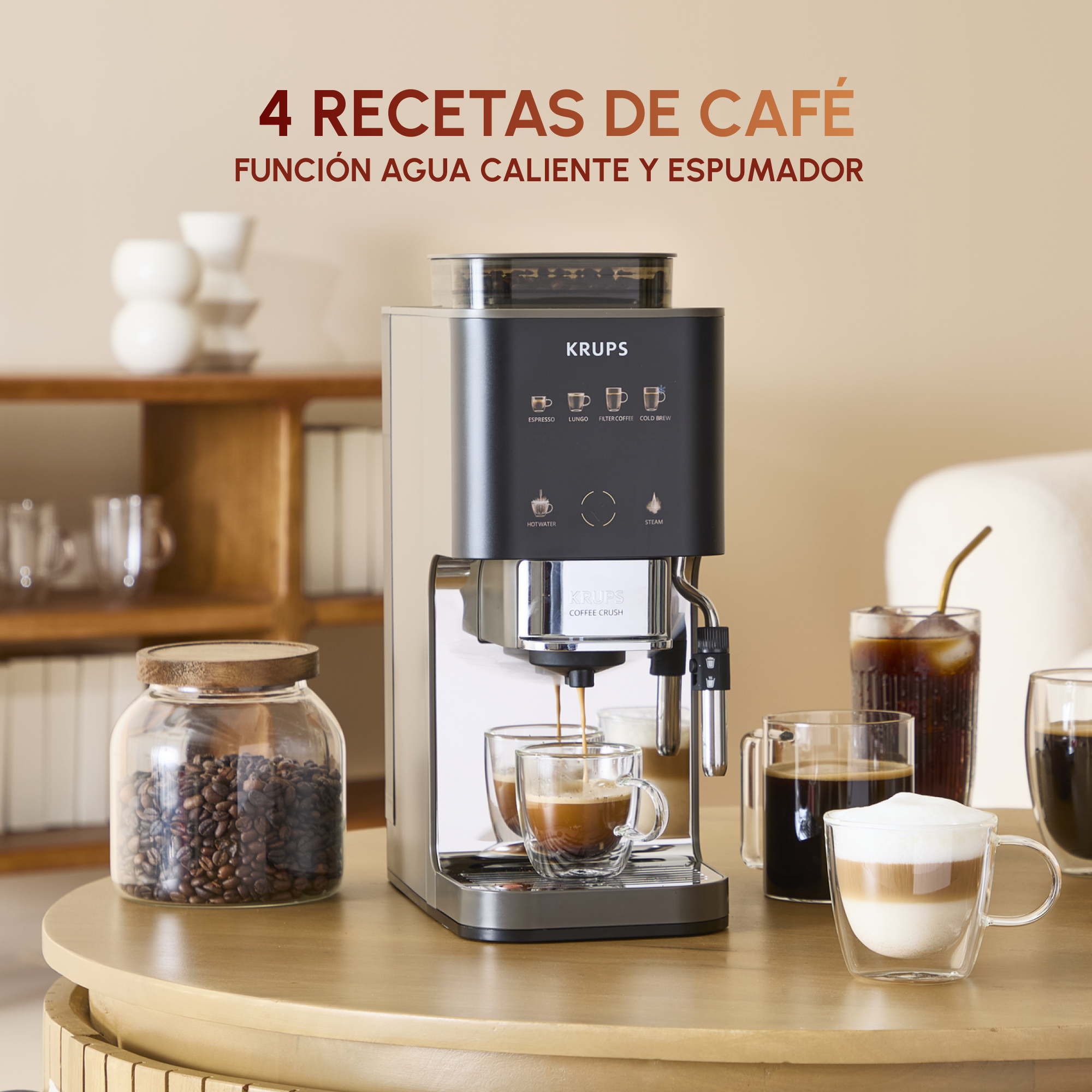 Cafetera Krups sirve café en vasos, tarro de granos al lado.