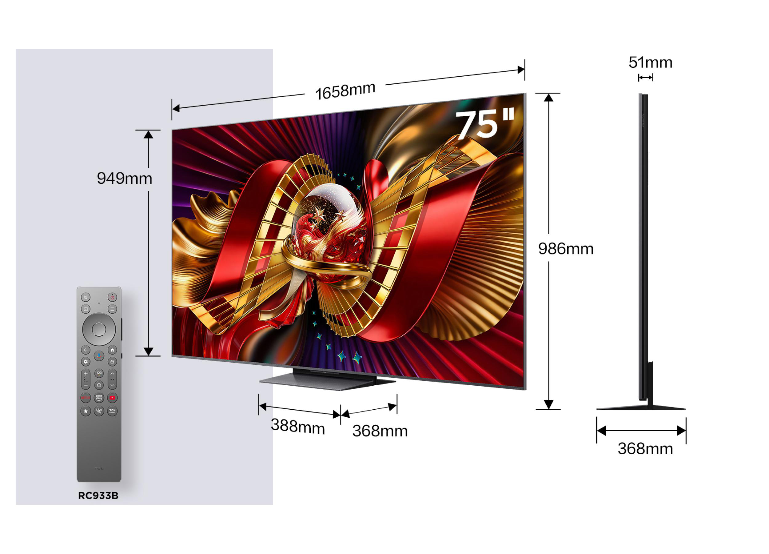 Ein 75-Zoll-Fernseher mit Abmessungen und Fernbedienung. Inklusive Maße.