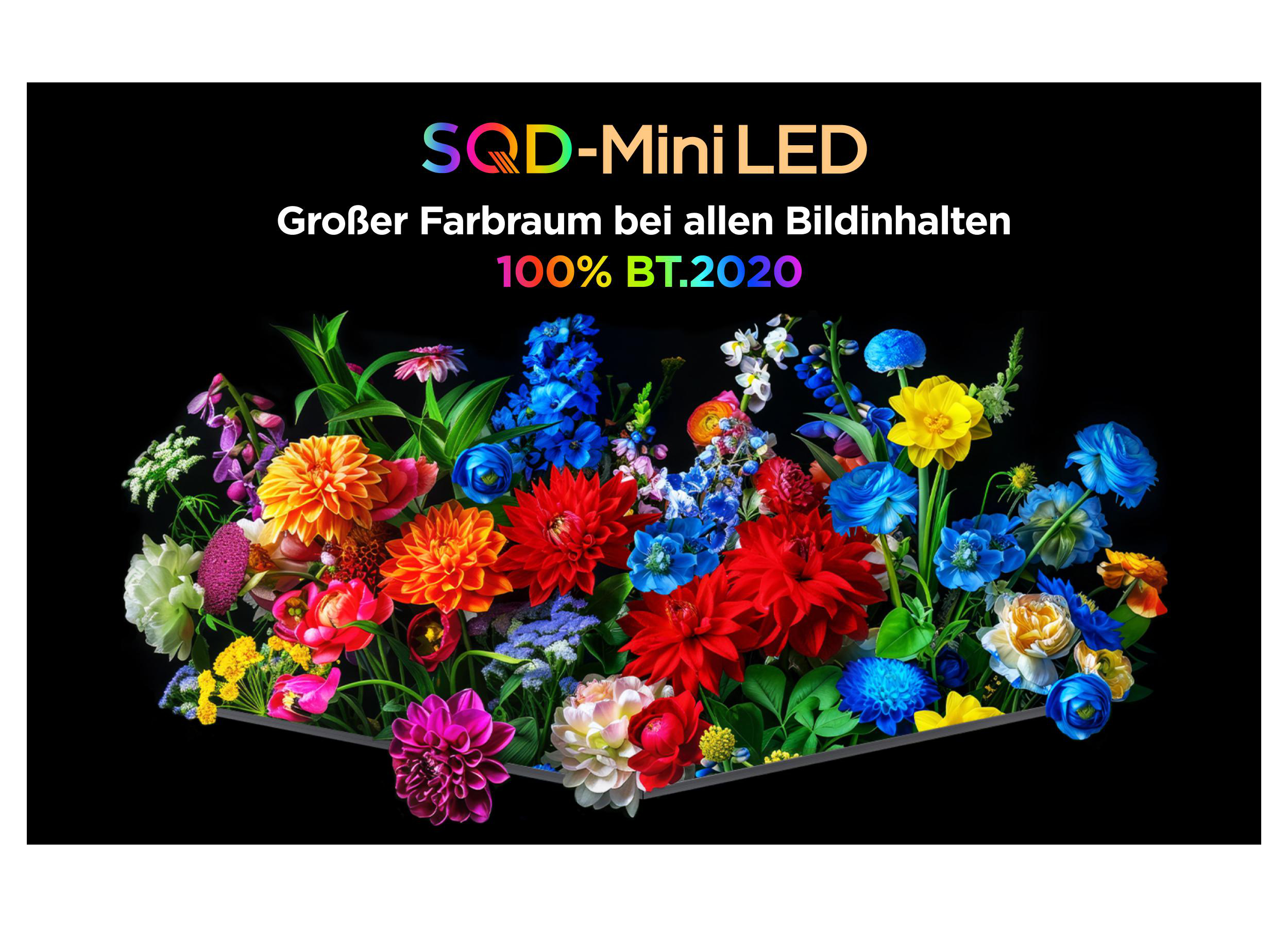 SQD-Mini LED mit Blumen und Text auf schwarzem Hintergrund.