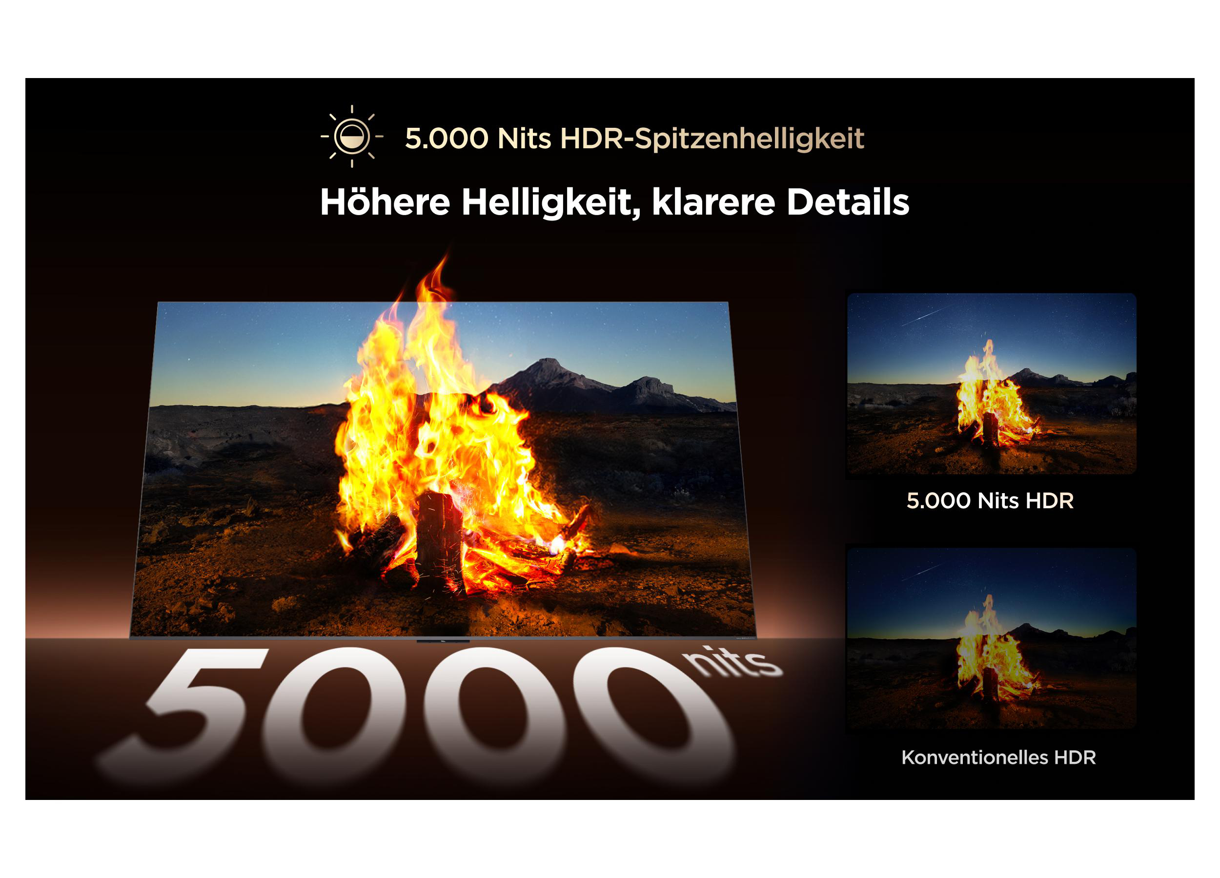 Ein Lagerfeuer brennt hell in der Nacht vor Bergen. 5000 Nits HDR.