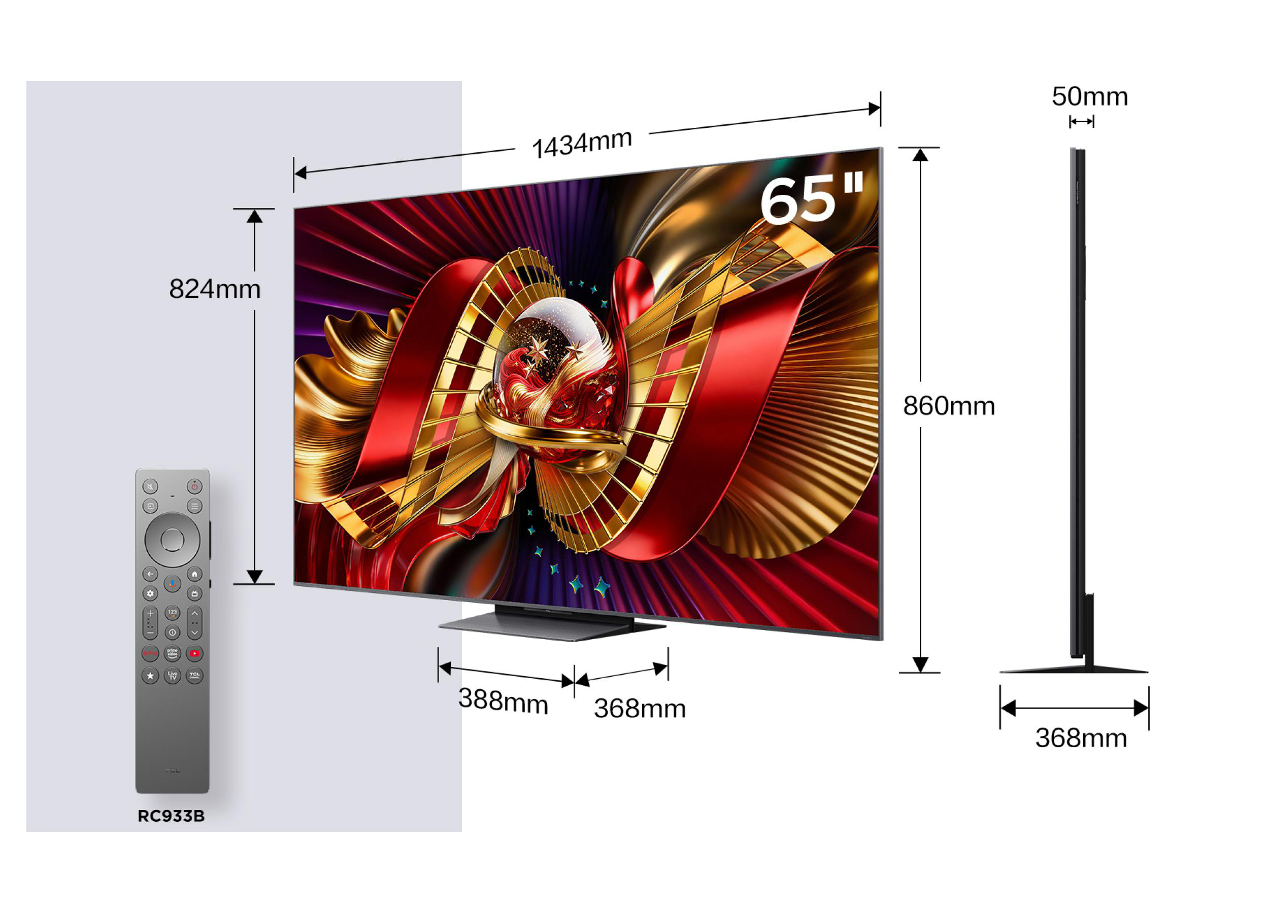 Ein 65-Zoll-Fernseher mit Fernbedienung, Maße in mm sind angegeben.