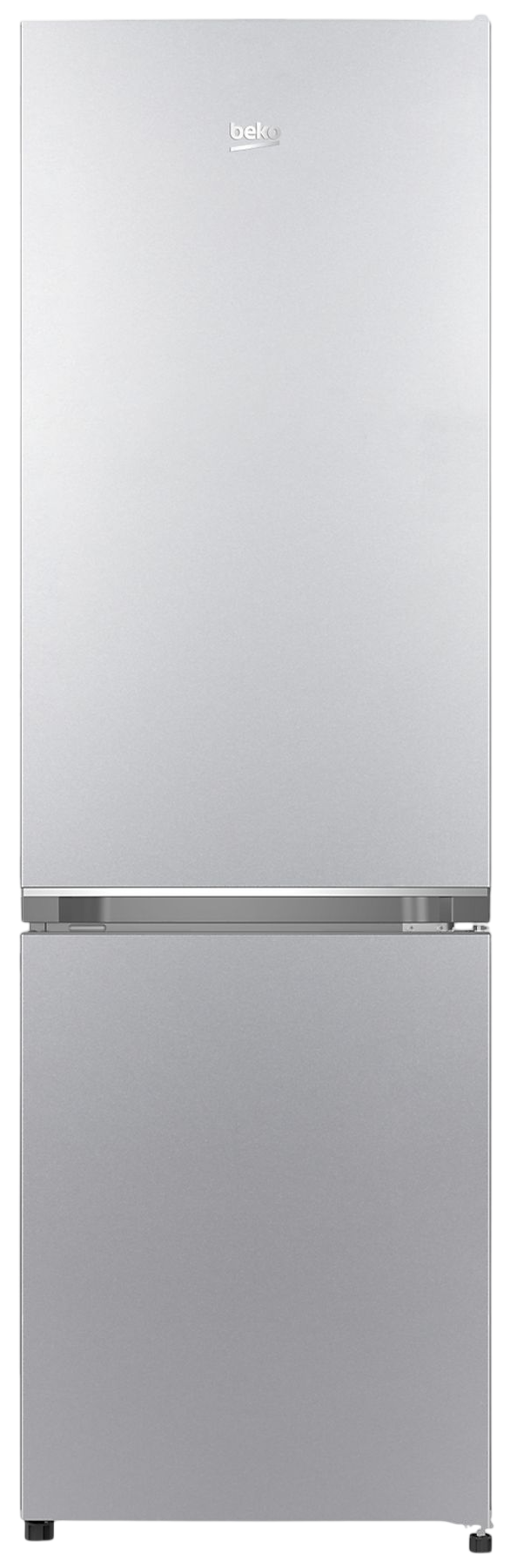 Ein silberner Beko Kühlschrank mit zwei Türen und einem horizontalen Griff.