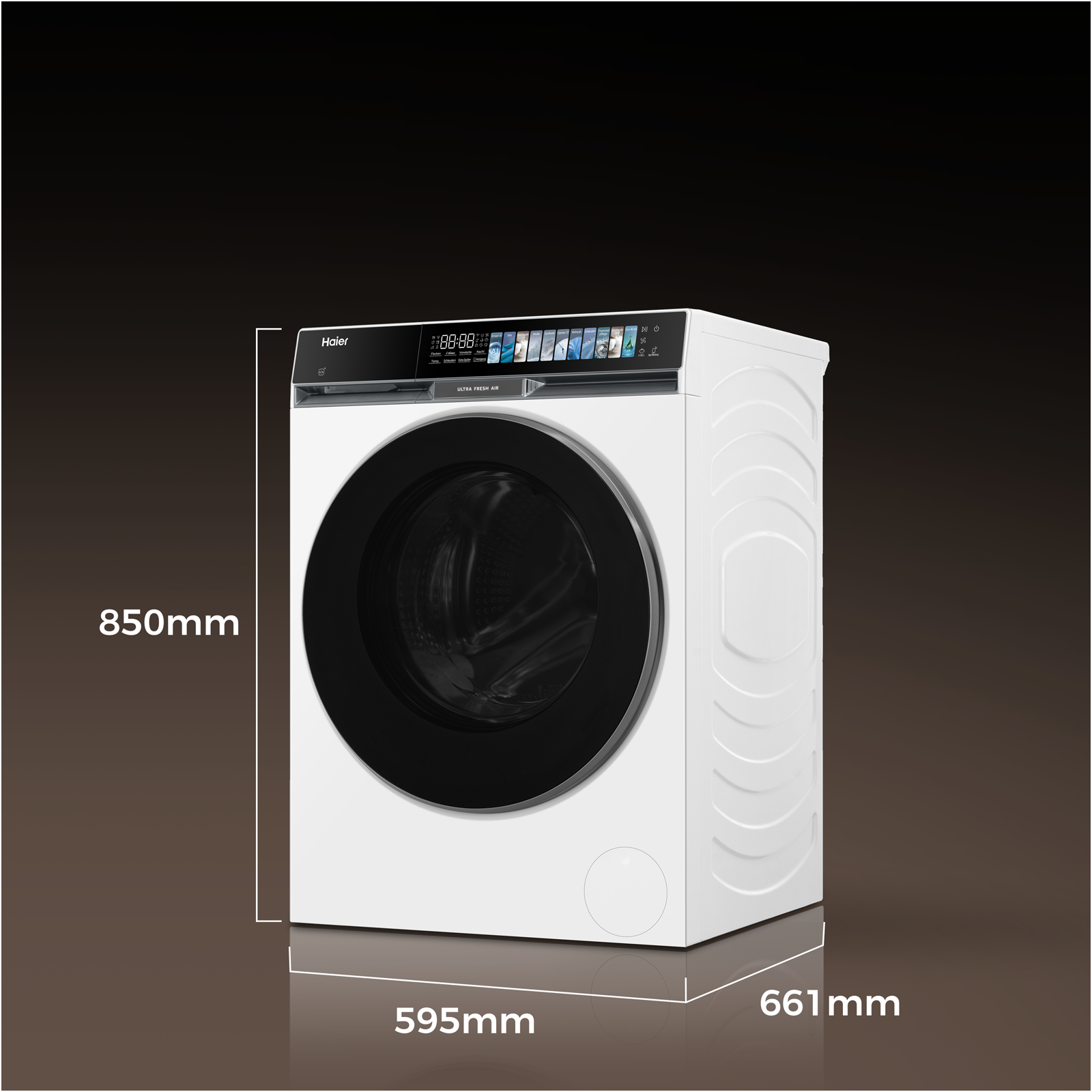 Weiße Haier Waschmaschine mit schwarzer Tür und digitalem Display.