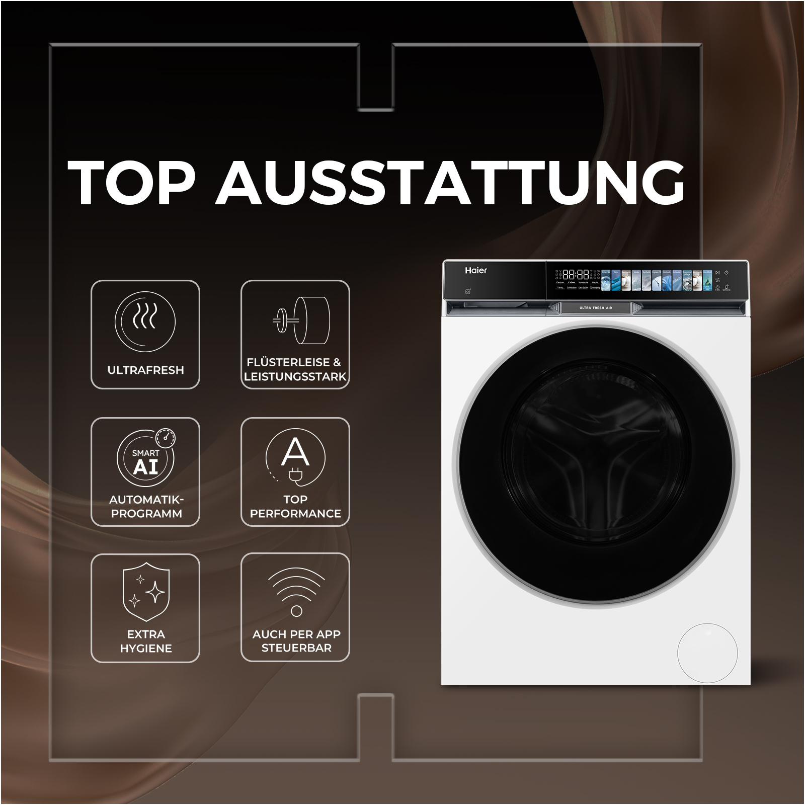 Weiße Haier Waschmaschine mit schwarzer Tür, Top Ausstattung.