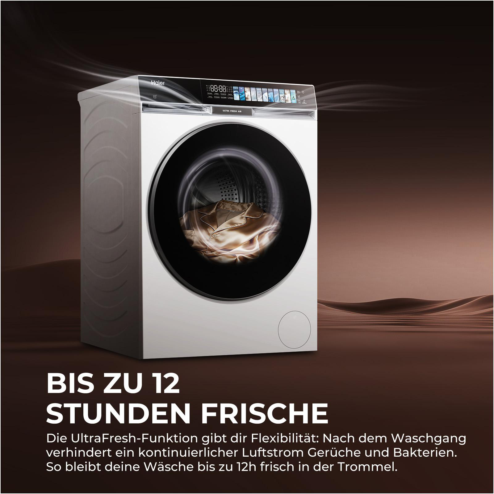 Eine weiße Haier Waschmaschine mit einem Hemd in der Trommel und Luftstrom-Effekt.
