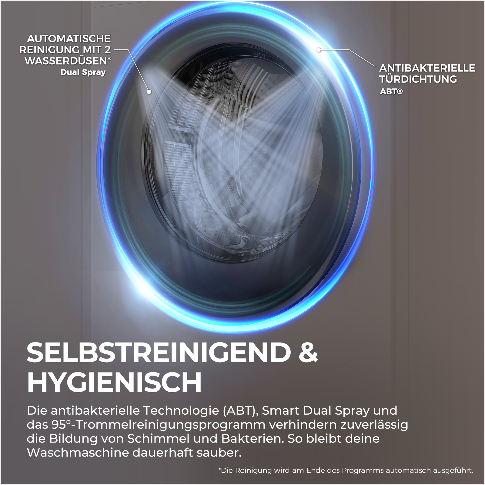 Eine Waschmaschine mit leuchtendem Ring. Sie zeigt "Dual Spray" und "ABT Türdichtung".