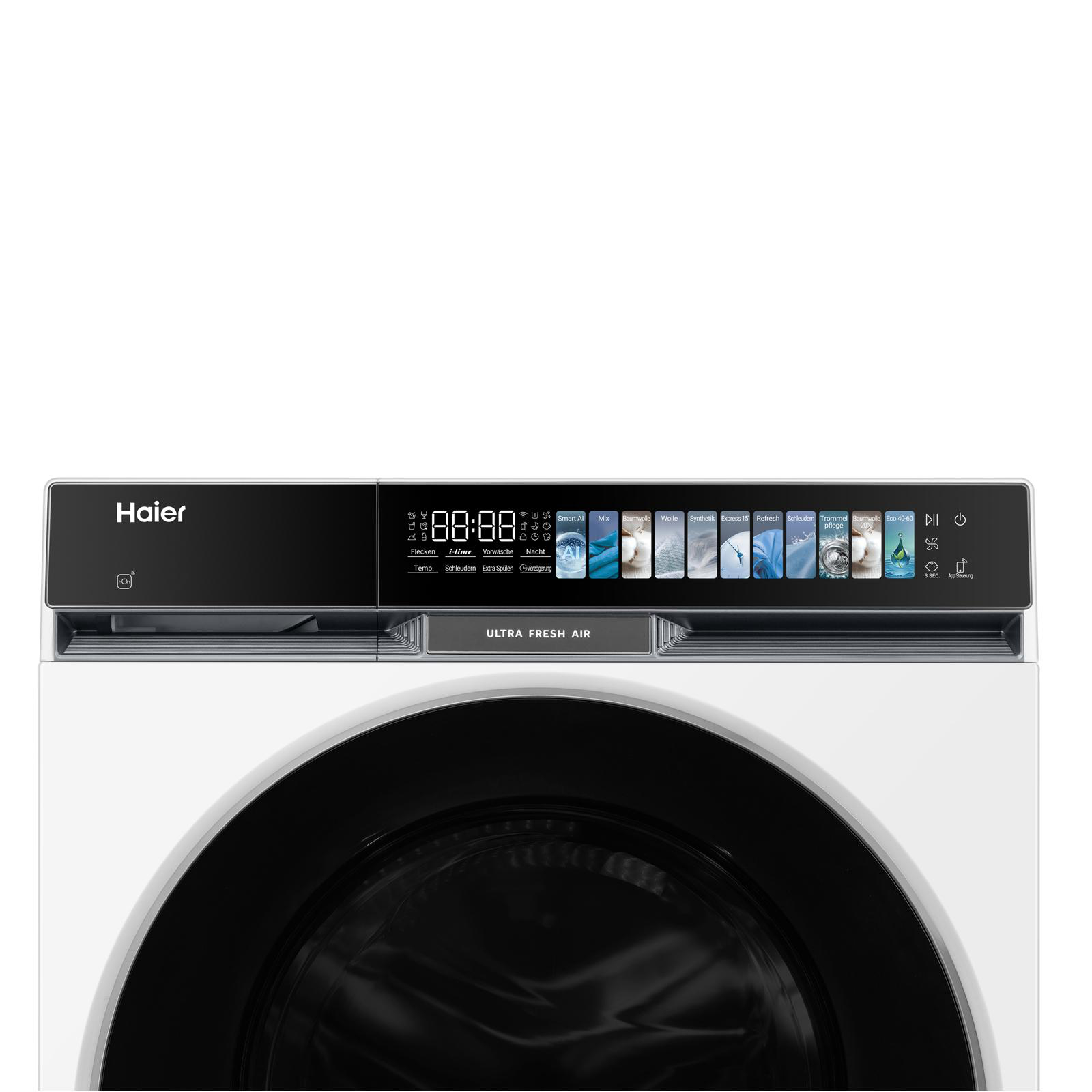 Haier Waschmaschine mit digitalem Display und Programmauswahl.