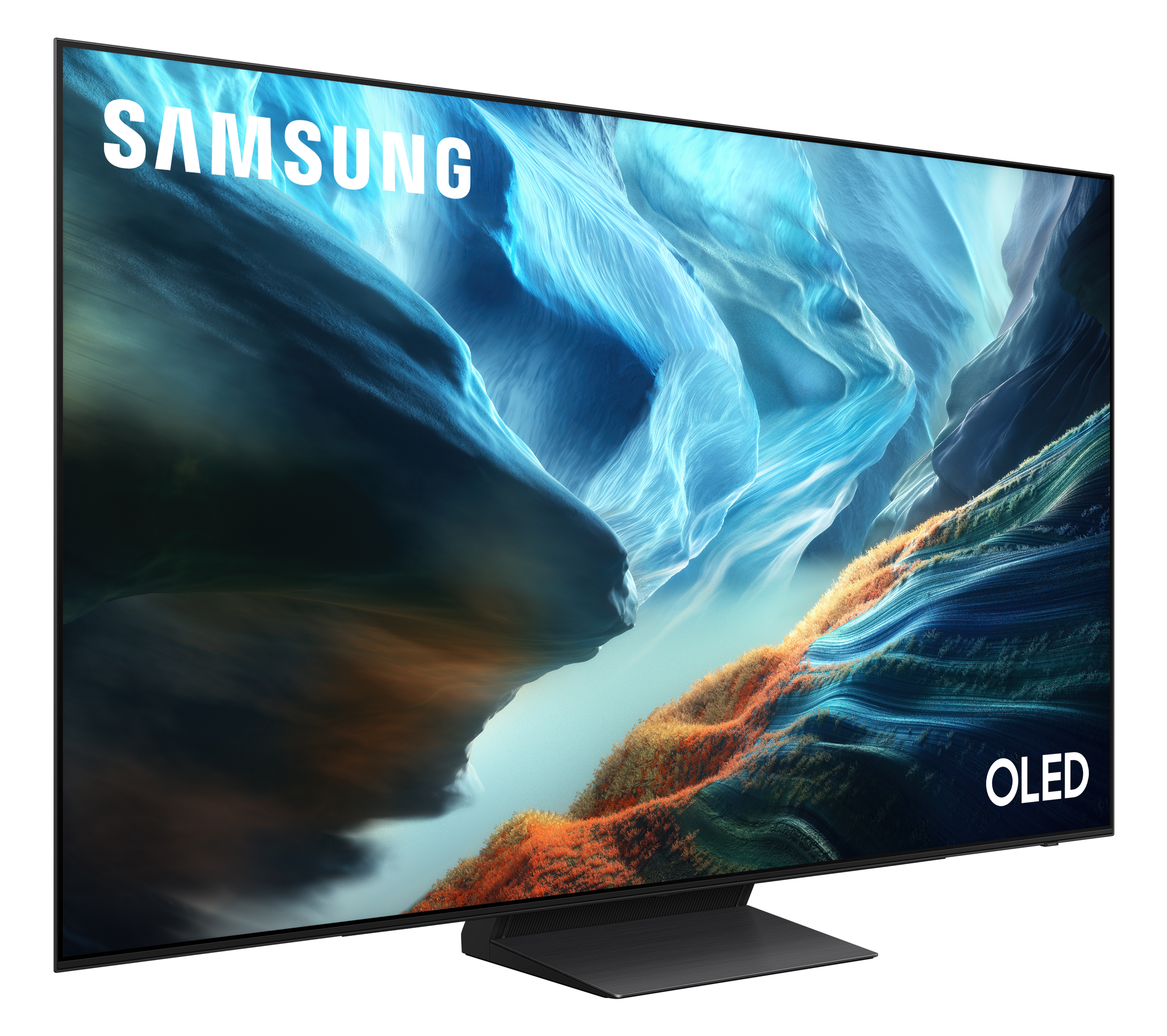 Telewizor Samsung OLED wyświetlający stylizowany obraz górskiego krajobrazu.
