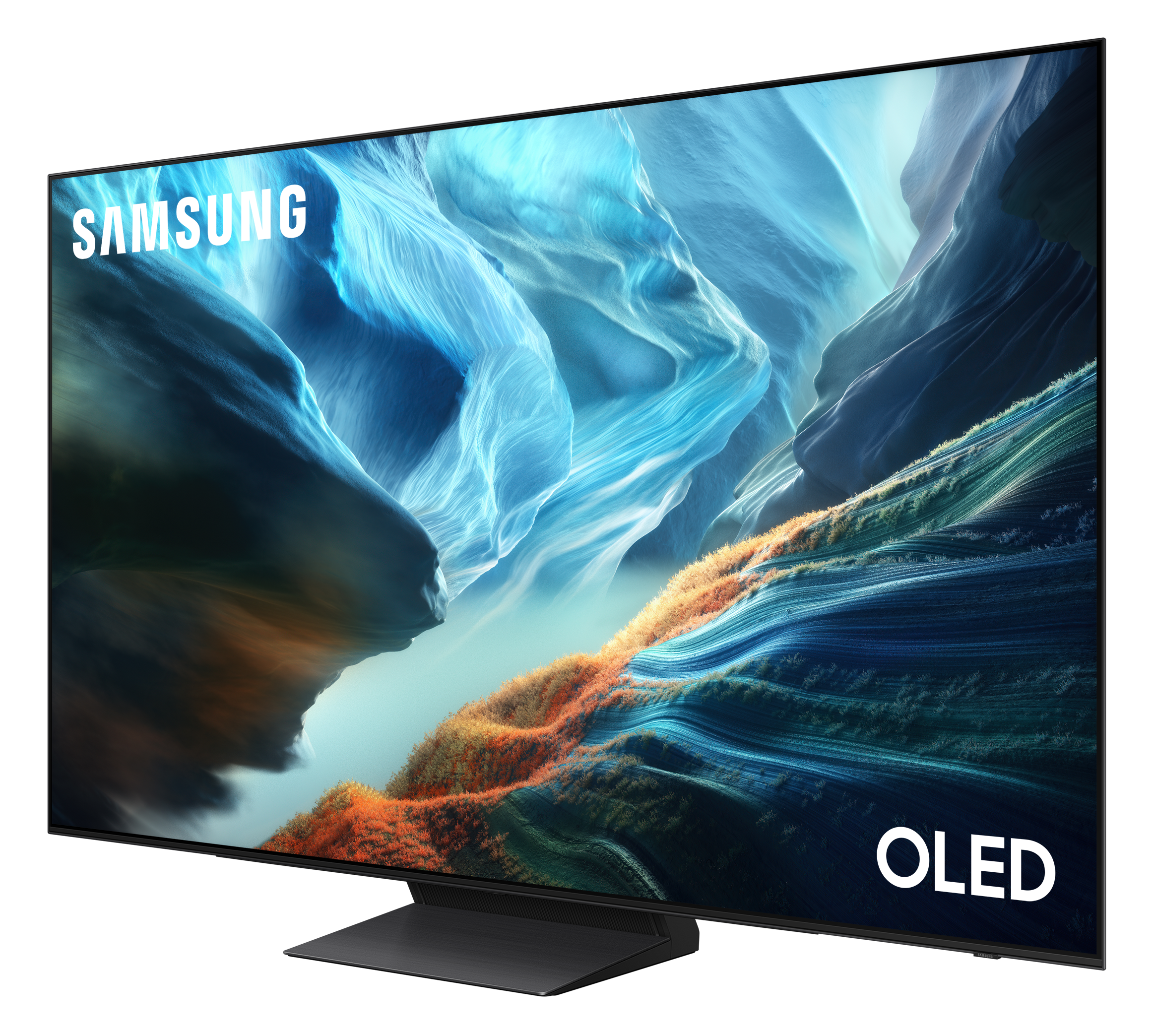 Telewizor Samsung OLED wyświetlający abstrakcyjny, niebiesko-pomarańczowy krajobraz.