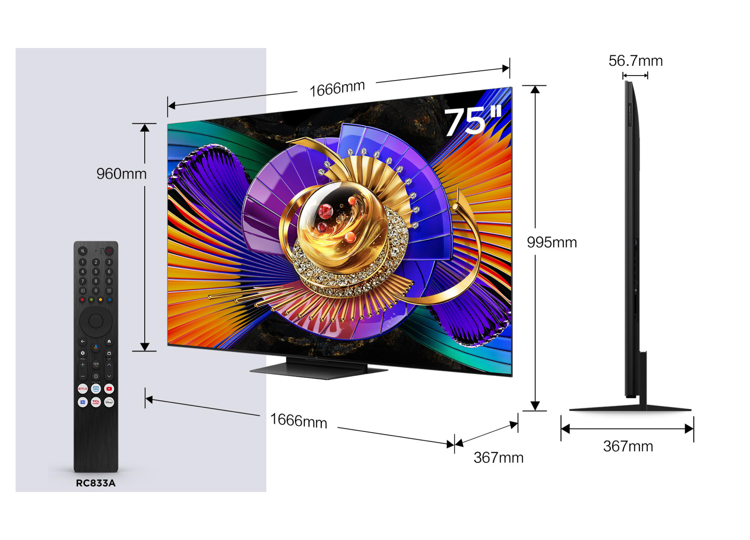 Ein 75-Zoll-Fernseher mit detaillierten Abmessungen und einer Fernbedienung.