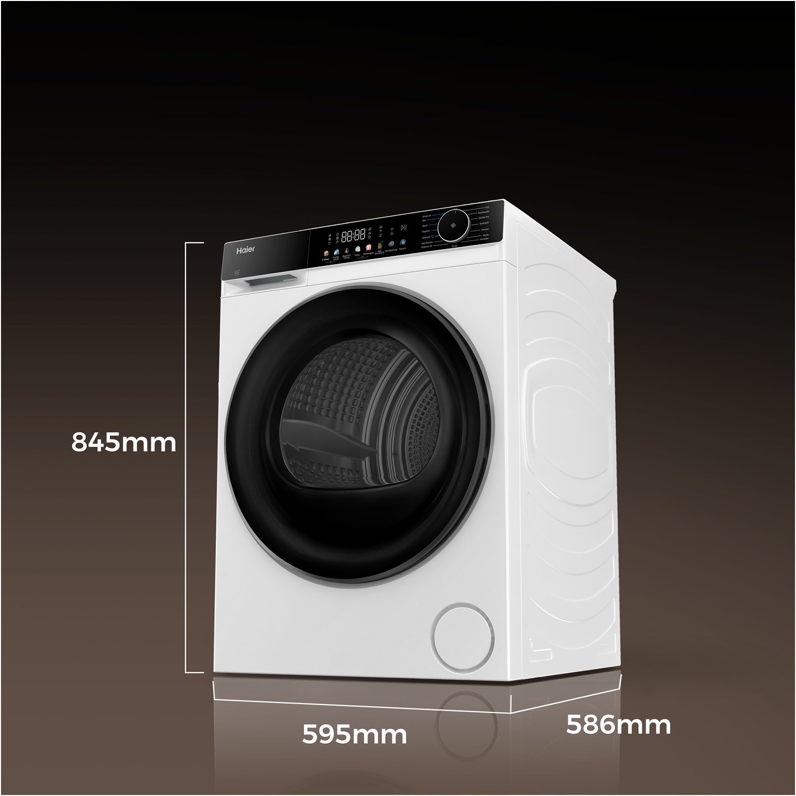 Weiße Haier Waschmaschine mit digitalem Display und schwarzer Tür.