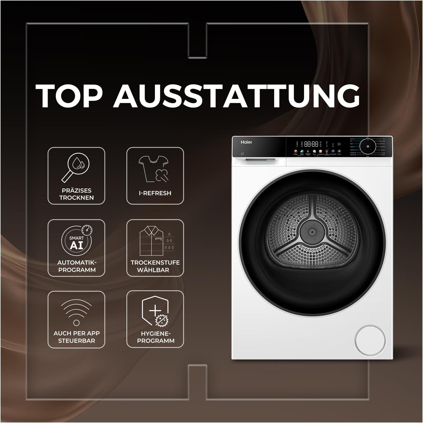 Haier Trockner mit 6 Icons: Präzises Trocknen, I-Refresh, Smart AI, Trockenstufe wählbar, App-Steuerung, Hygiene.