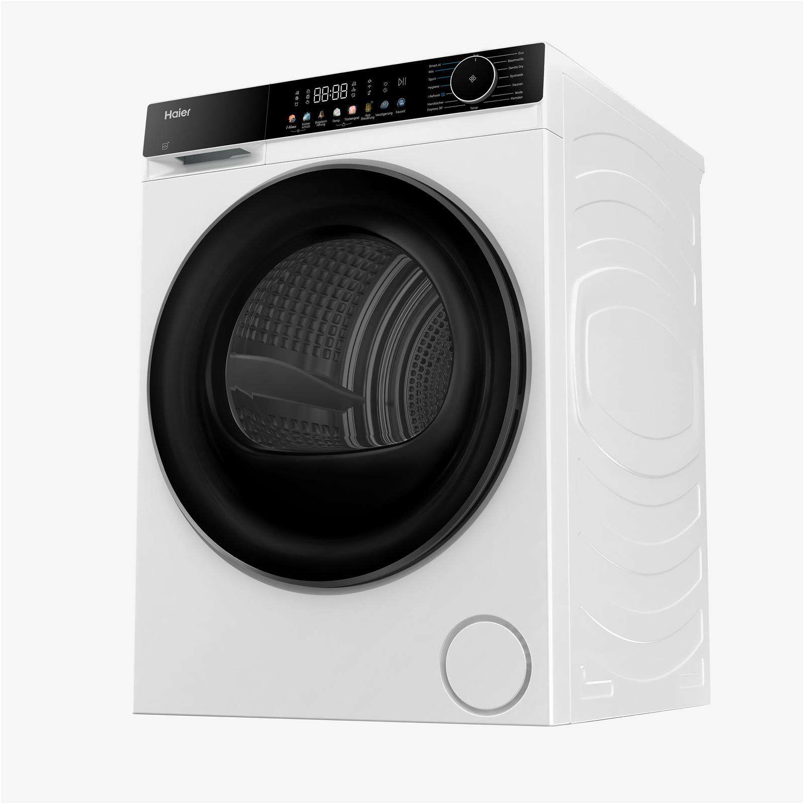 Weiße Haier Waschmaschine mit schwarzer Tür und digitaler Anzeige.
