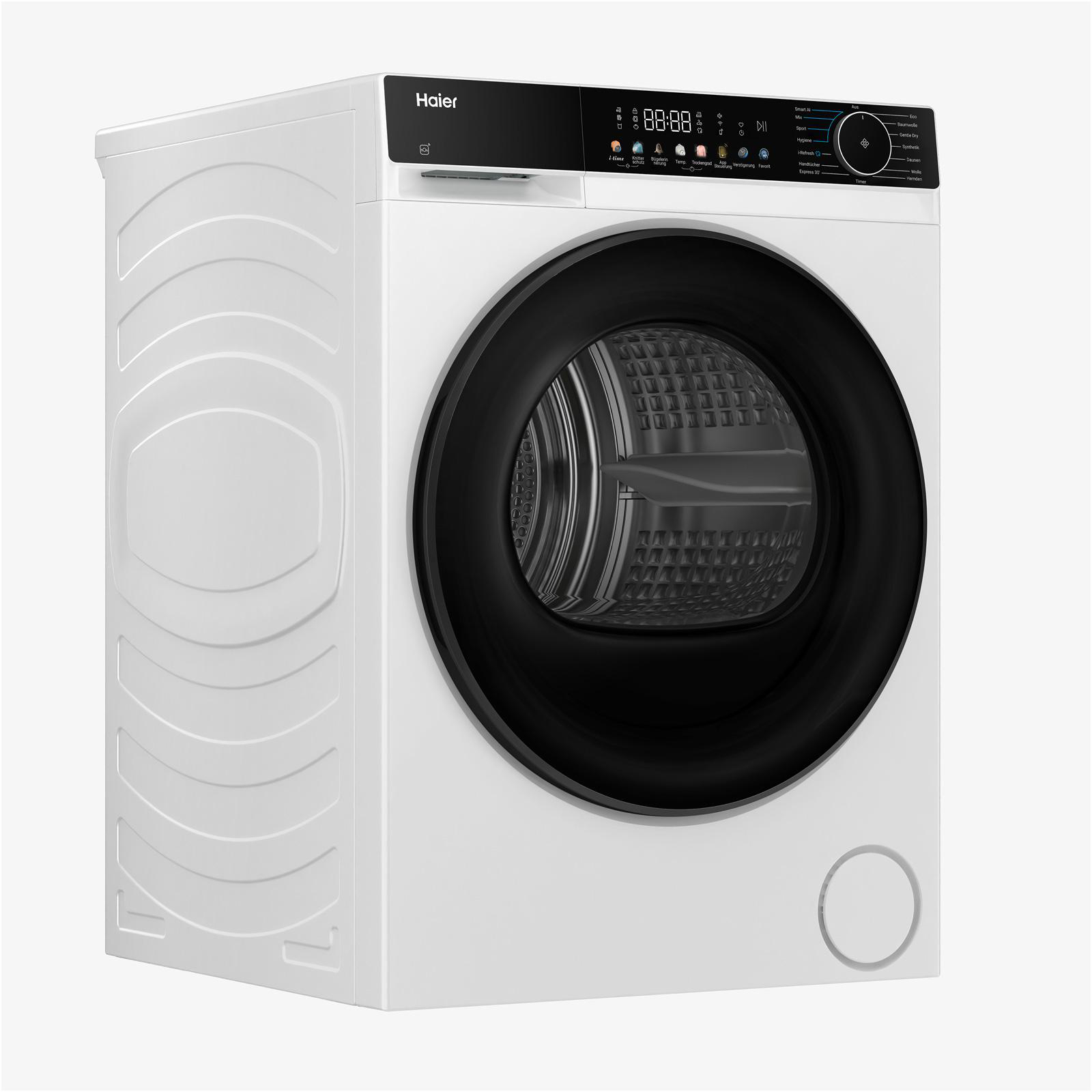 Weiße Haier Waschmaschine mit schwarzer Tür und Bedienfeld. Detaillierte Ansicht.