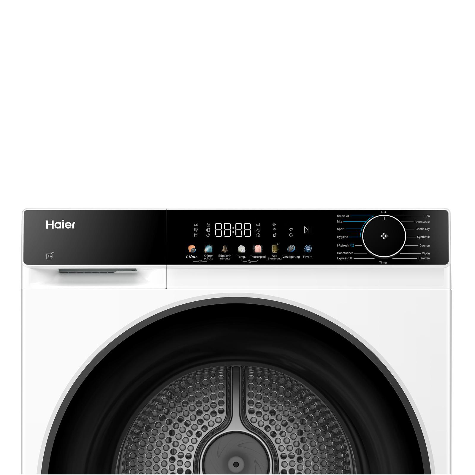 Haier Trockner mit digitalem Display und Programmauswahl. Die Trommel ist sichtbar.