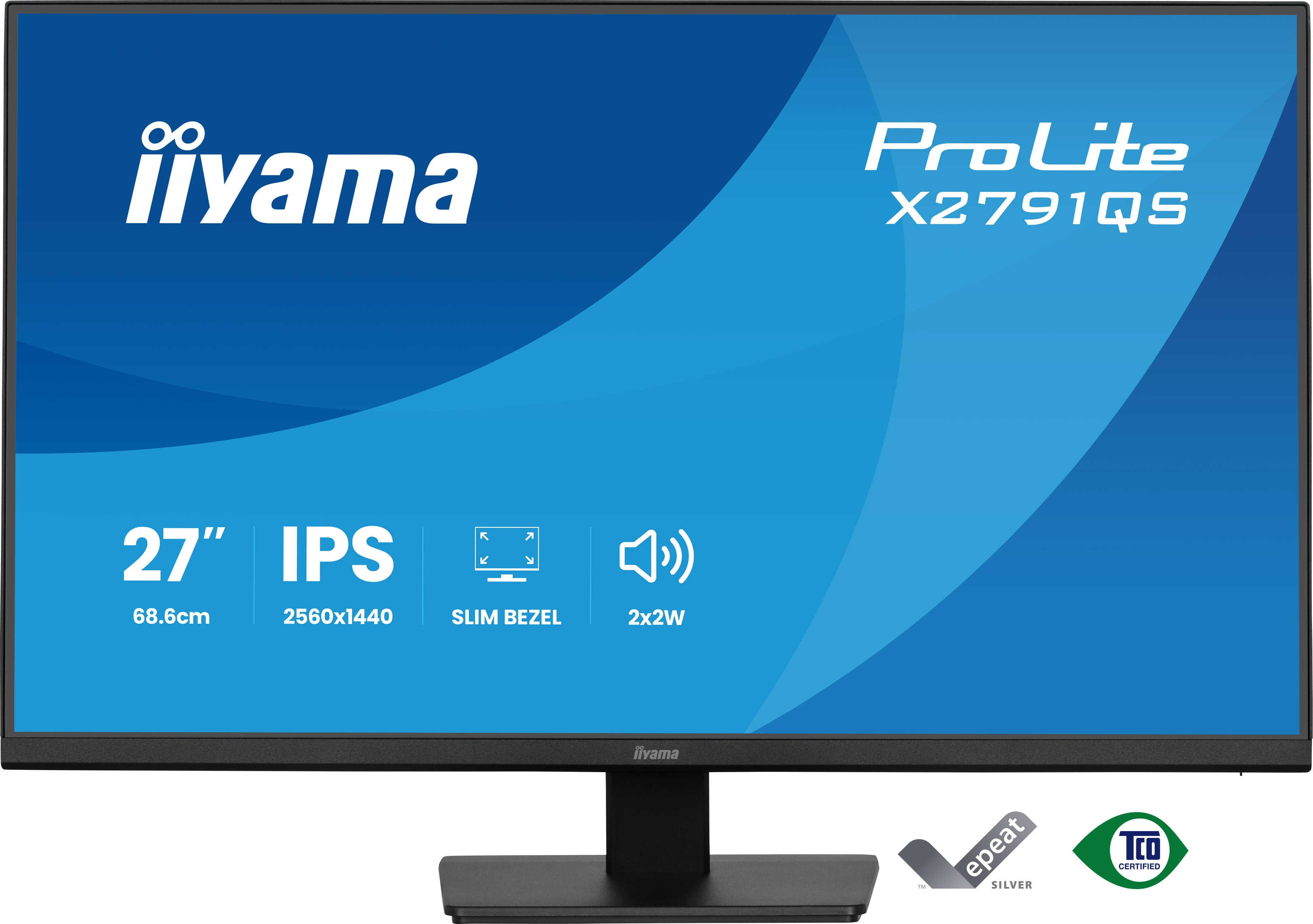 Monitor IPS 27 cali o rozdzielczości 2560x1440, z cienką ramką i głośnikami 2x2W.