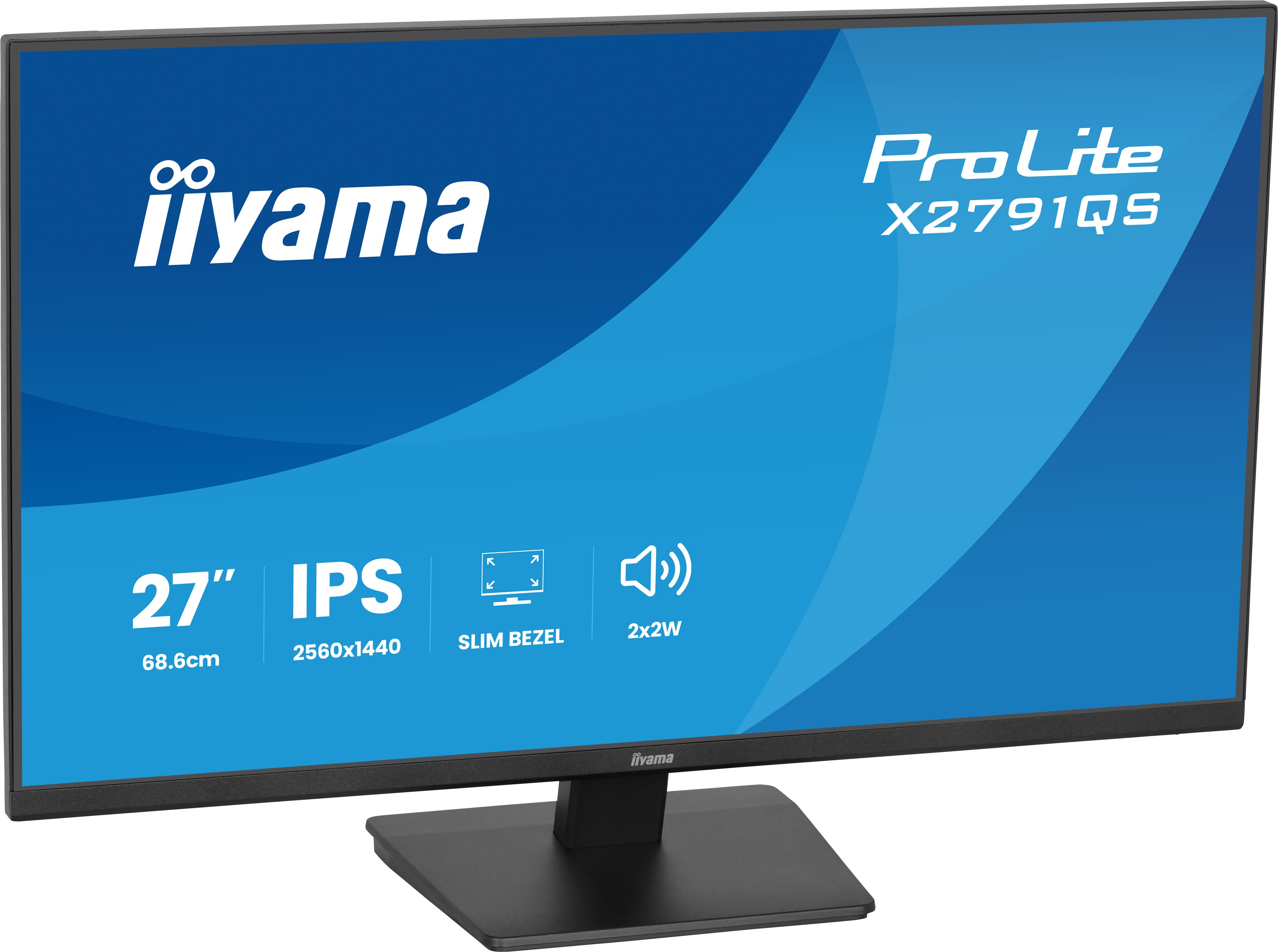 Czarny monitor Iiyama z niebieskim ekranem pokazującym specyfikacje.