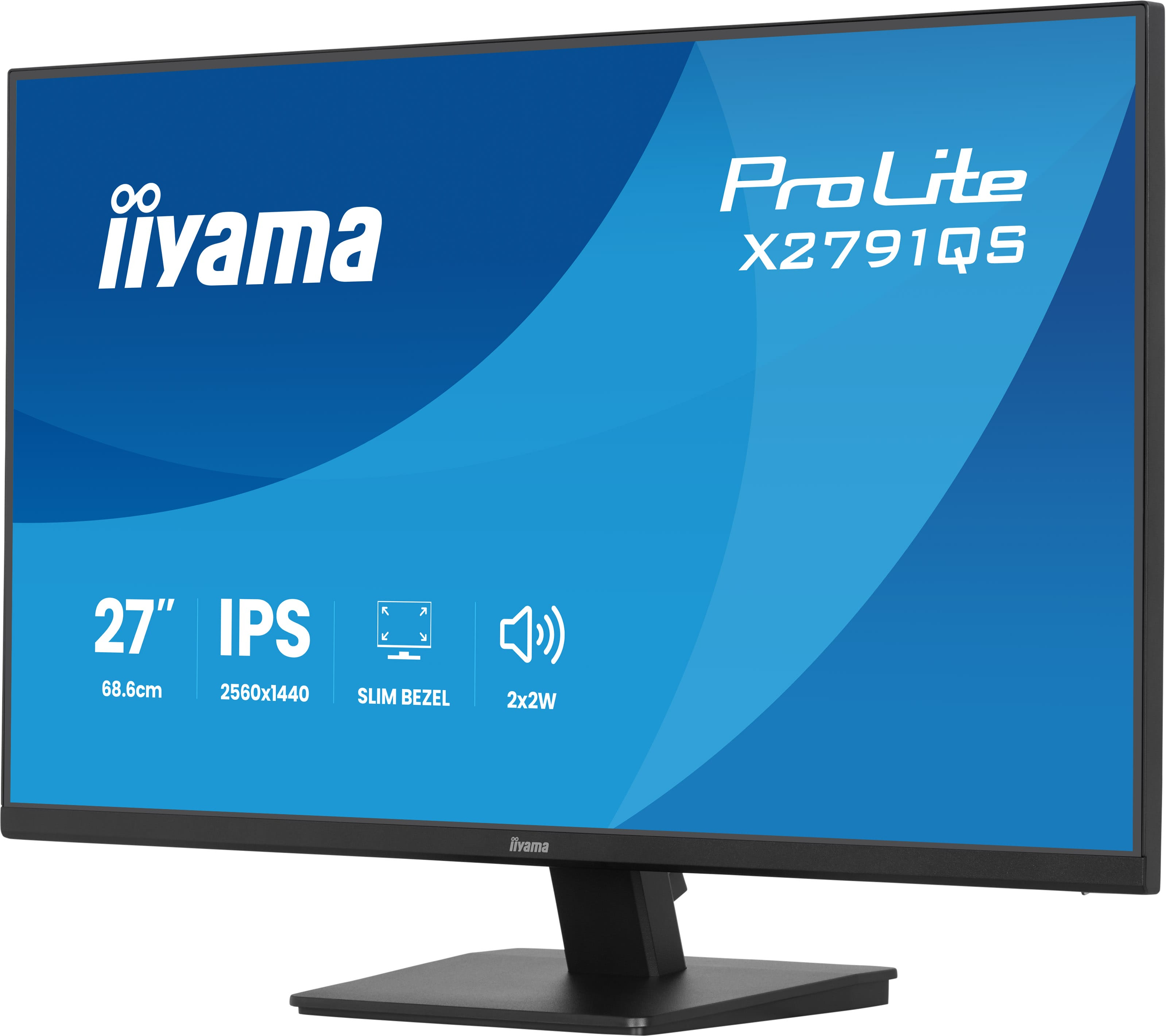 Czarny monitor Iiyama 27 cali, IPS, rozdzielczość 2560x1440, wąska ramka.
