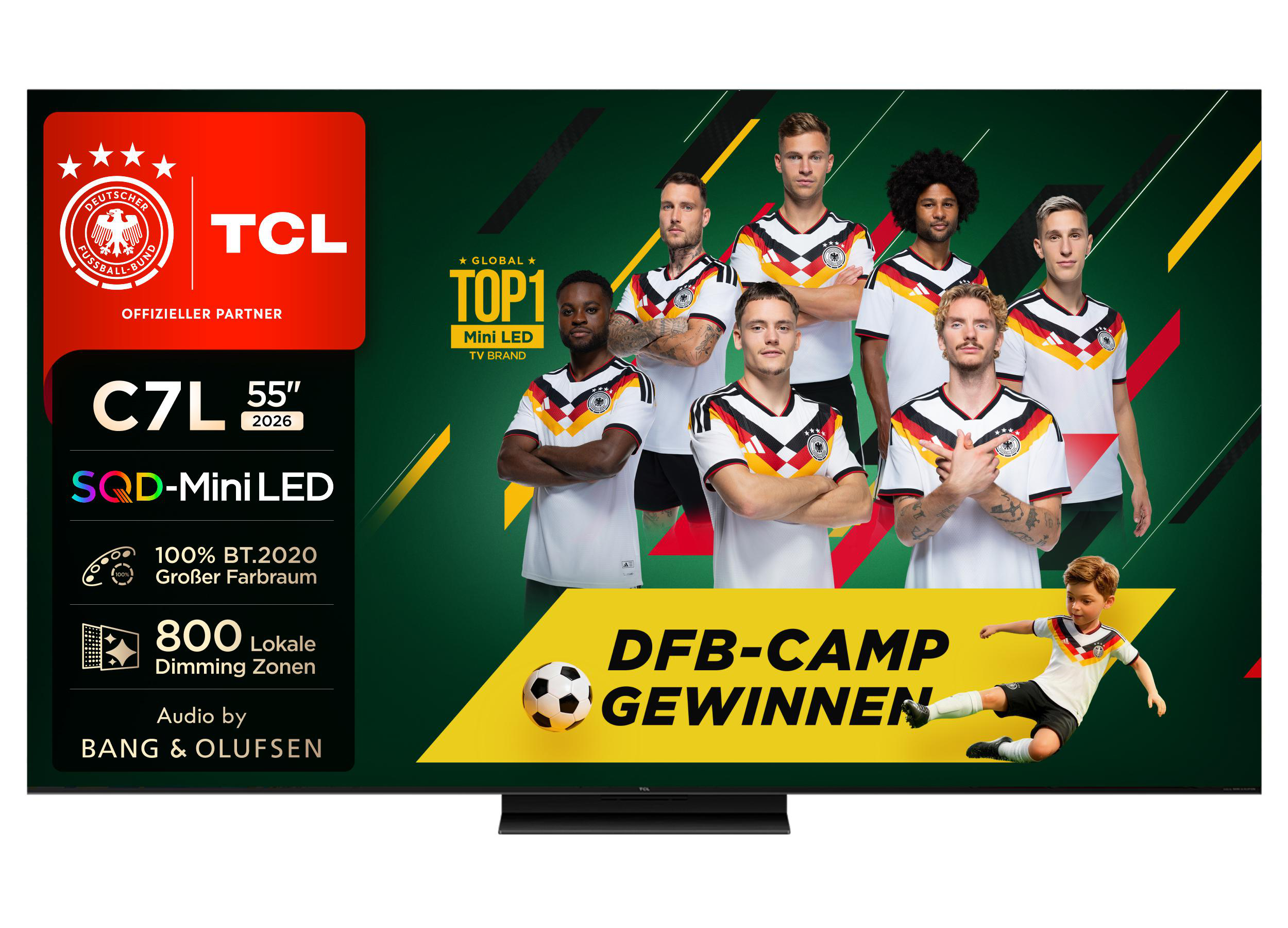 TCL Fernseher mit deutschen Fußballspielern, DFB-Logo und Schriftzug "DFB-Camp gewinnen".
