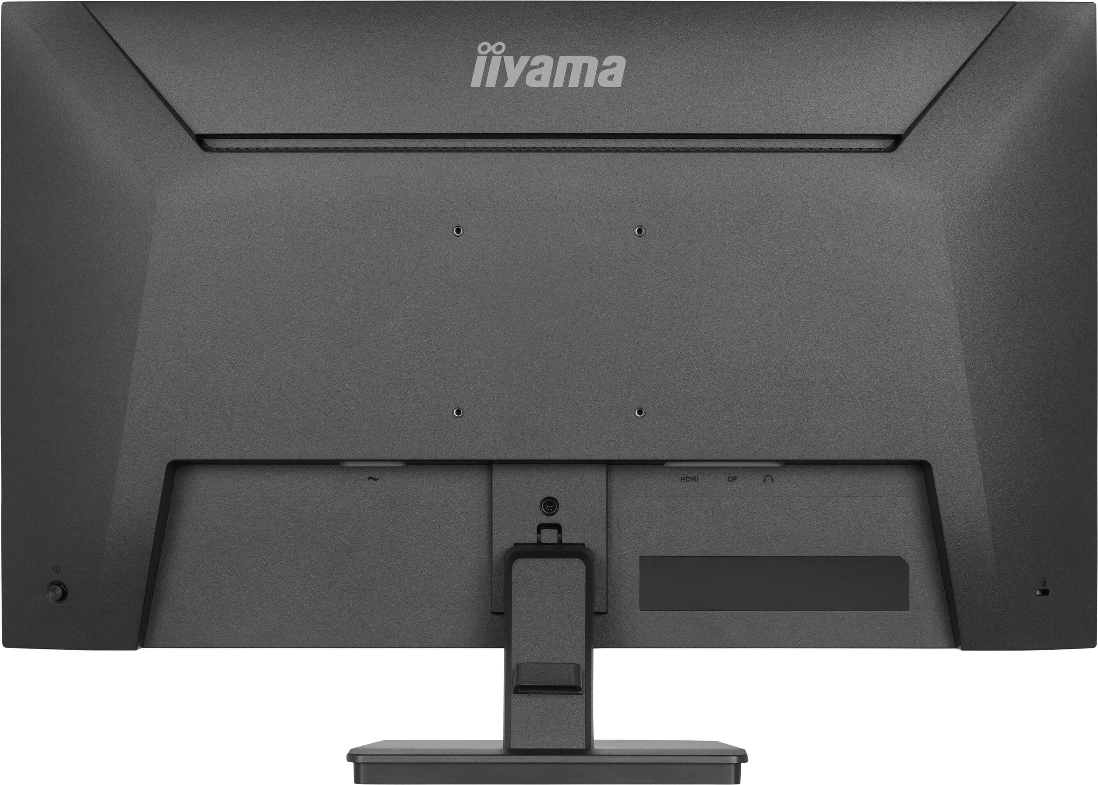 Tył czarnego monitora z portami takimi jak HDMI i DP.
